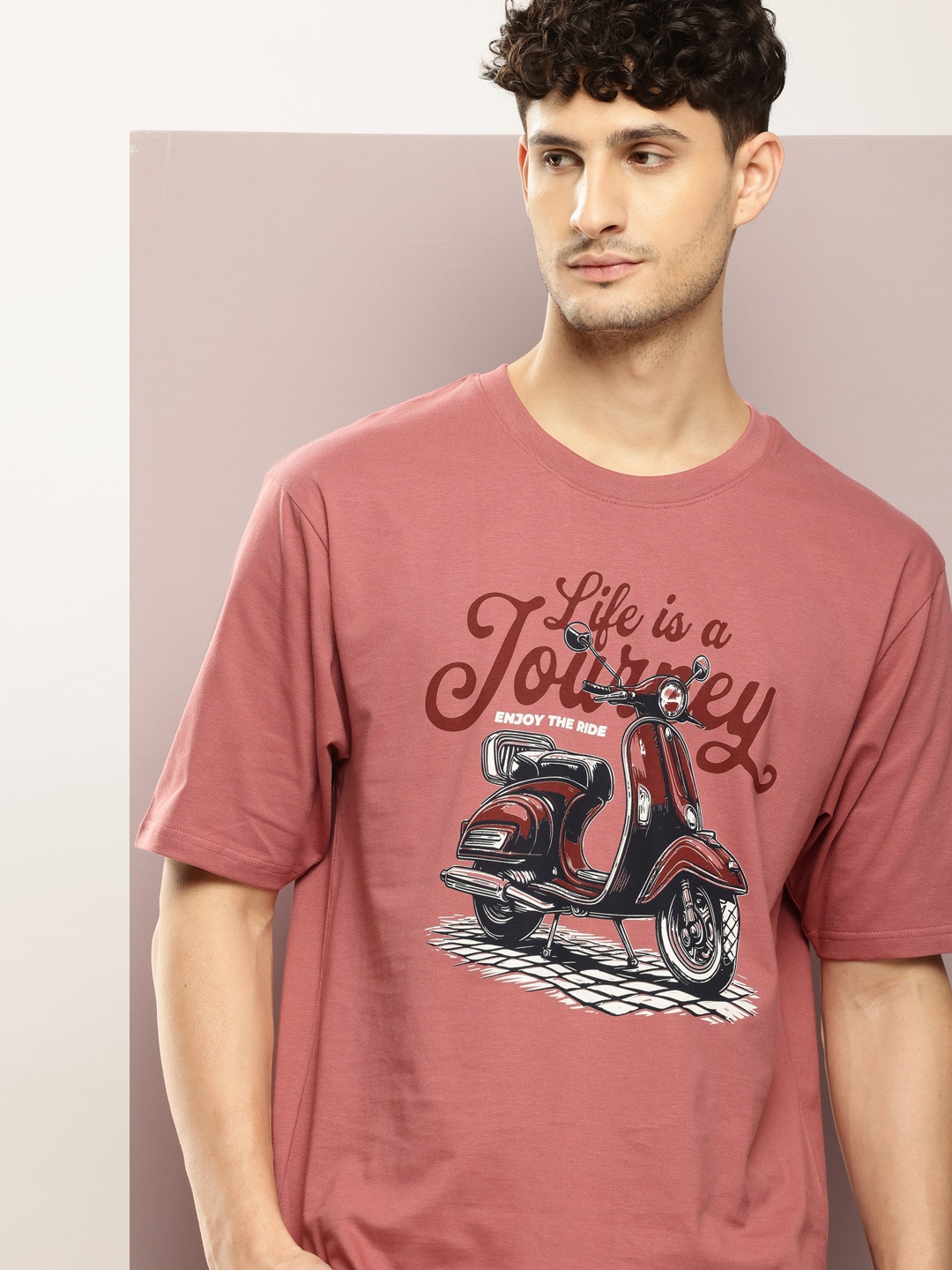 

DILLINGER Men Printed Drop-Shoulder Sleeves Oversized Pure Cotton T-shirt, Pink