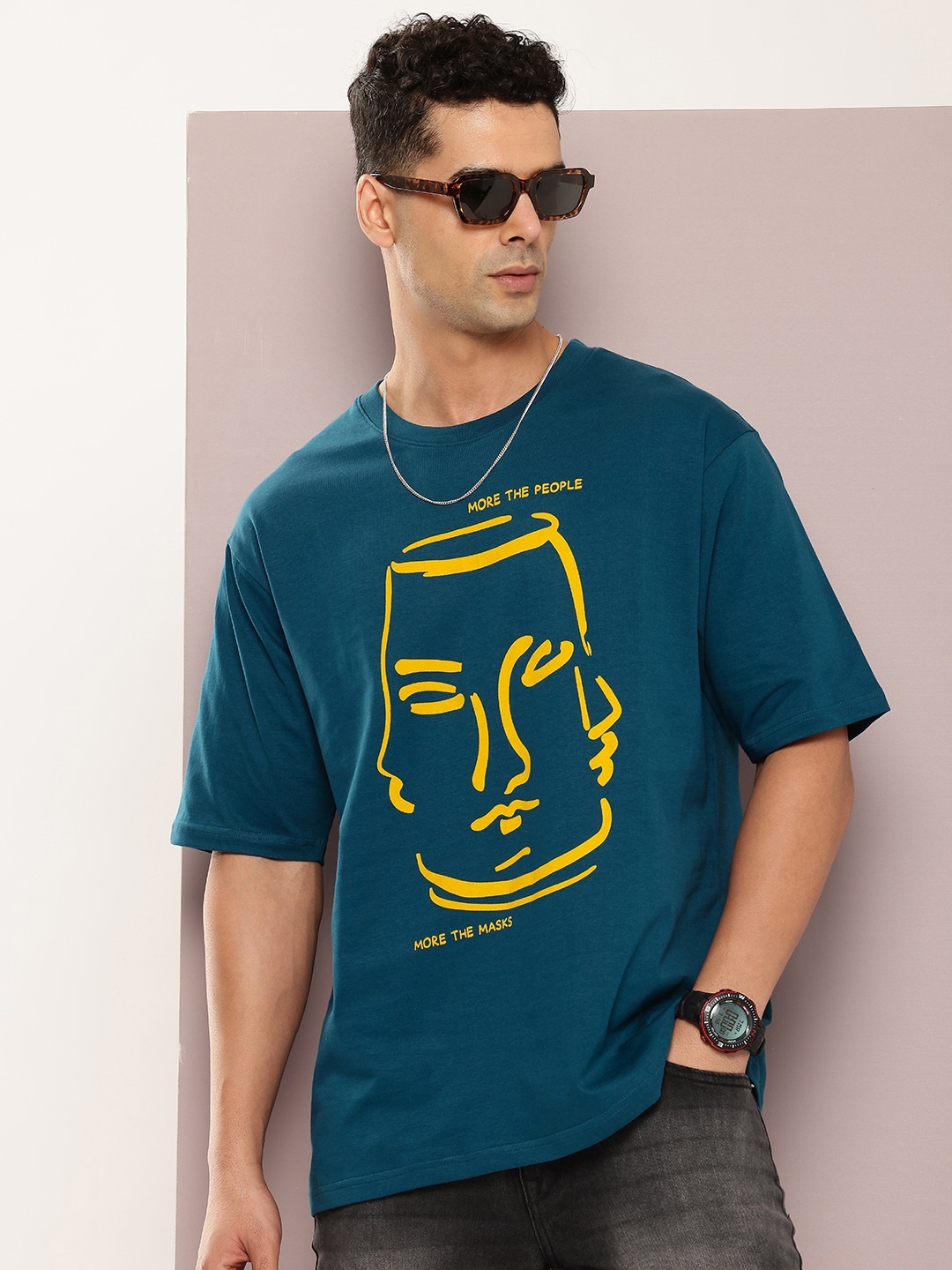 

DILLINGER Men Printed Drop-Shoulder Sleeves Oversized Pure Cotton T-shirt, Blue