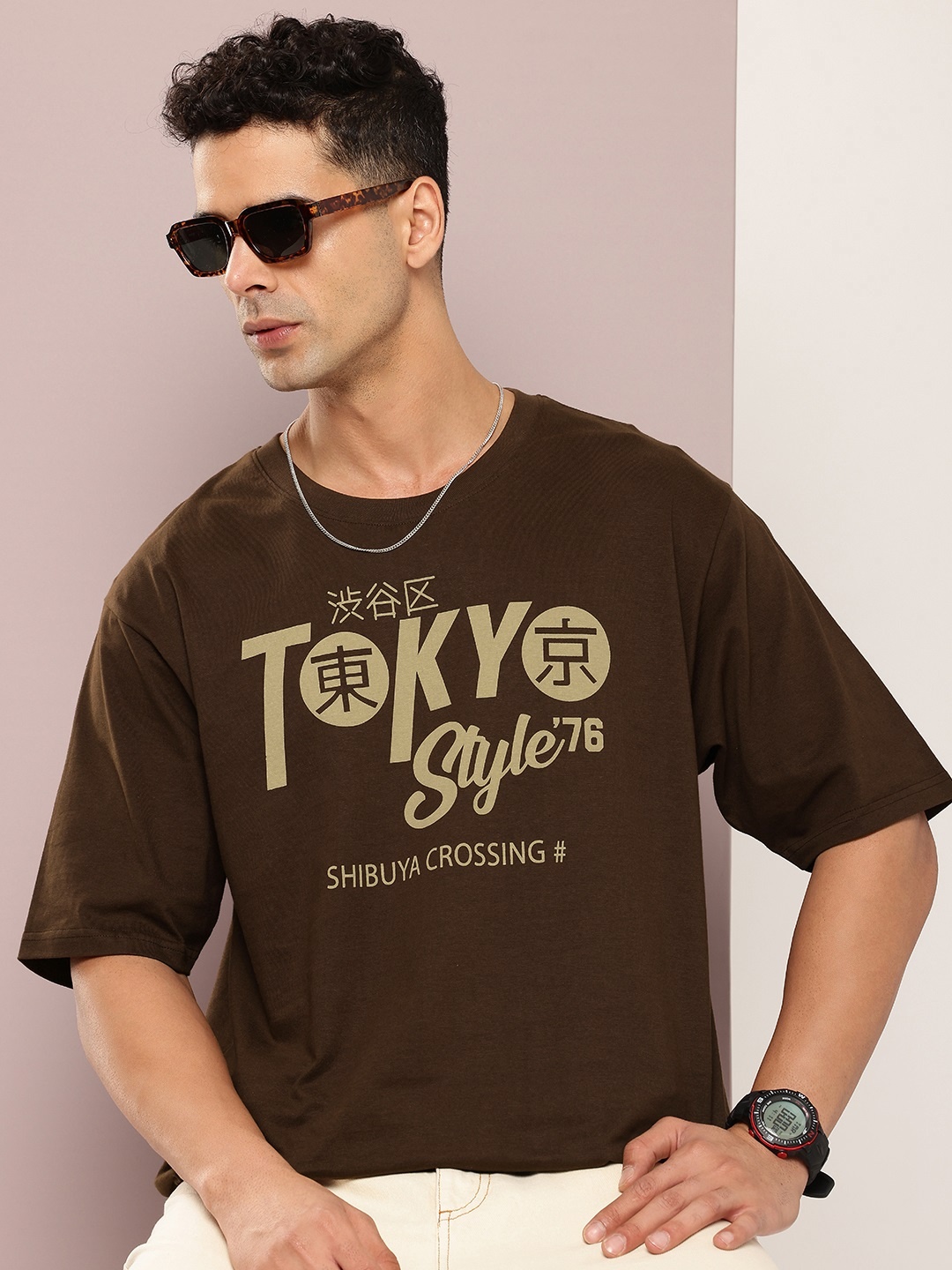 

DILLINGER Men Typography Colourblocked Drop-Shoulder Sleeves Oversized Pure Cotton T-shirt, Brown