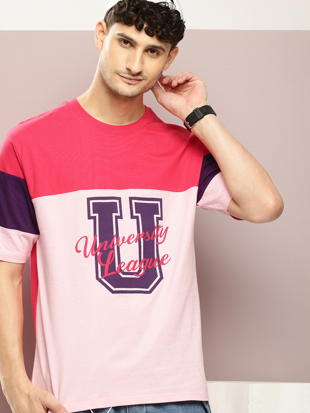 

DILLINGER Men Typography Colourblocked Drop-Shoulder Sleeves Oversized Pure Cotton T-shirt, Pink