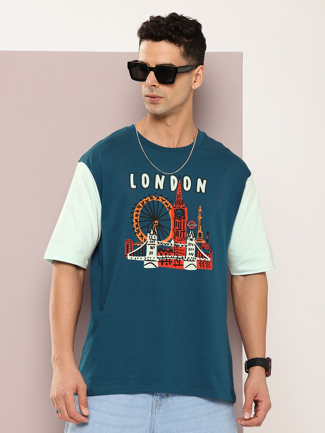 

DILLINGER Men Printed Drop-Shoulder Sleeves Oversized Pure Cotton T-shirt, Blue