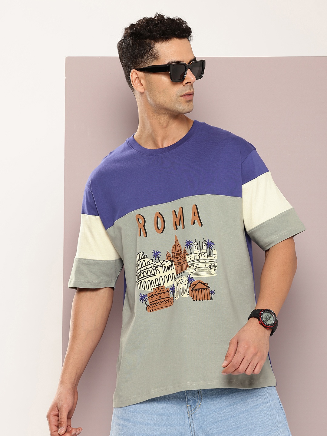 

DILLINGER Men Printed Drop-Shoulder Sleeves Oversized Pure Cotton T-shirt, Grey
