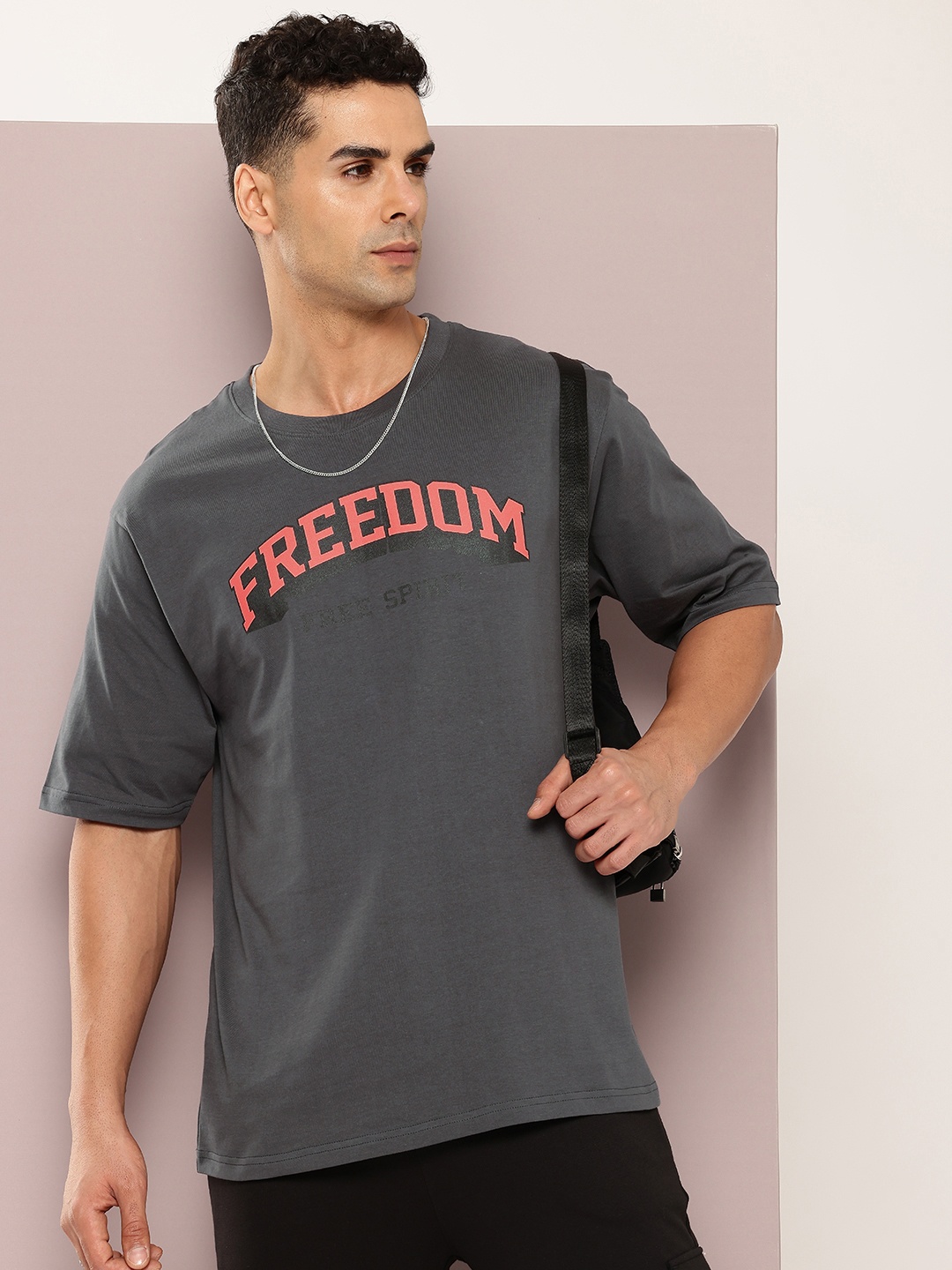 

DILLINGER Men Typography Printed Drop-Shoulder Sleeves Oversized Pure Cotton T-shirt, Grey