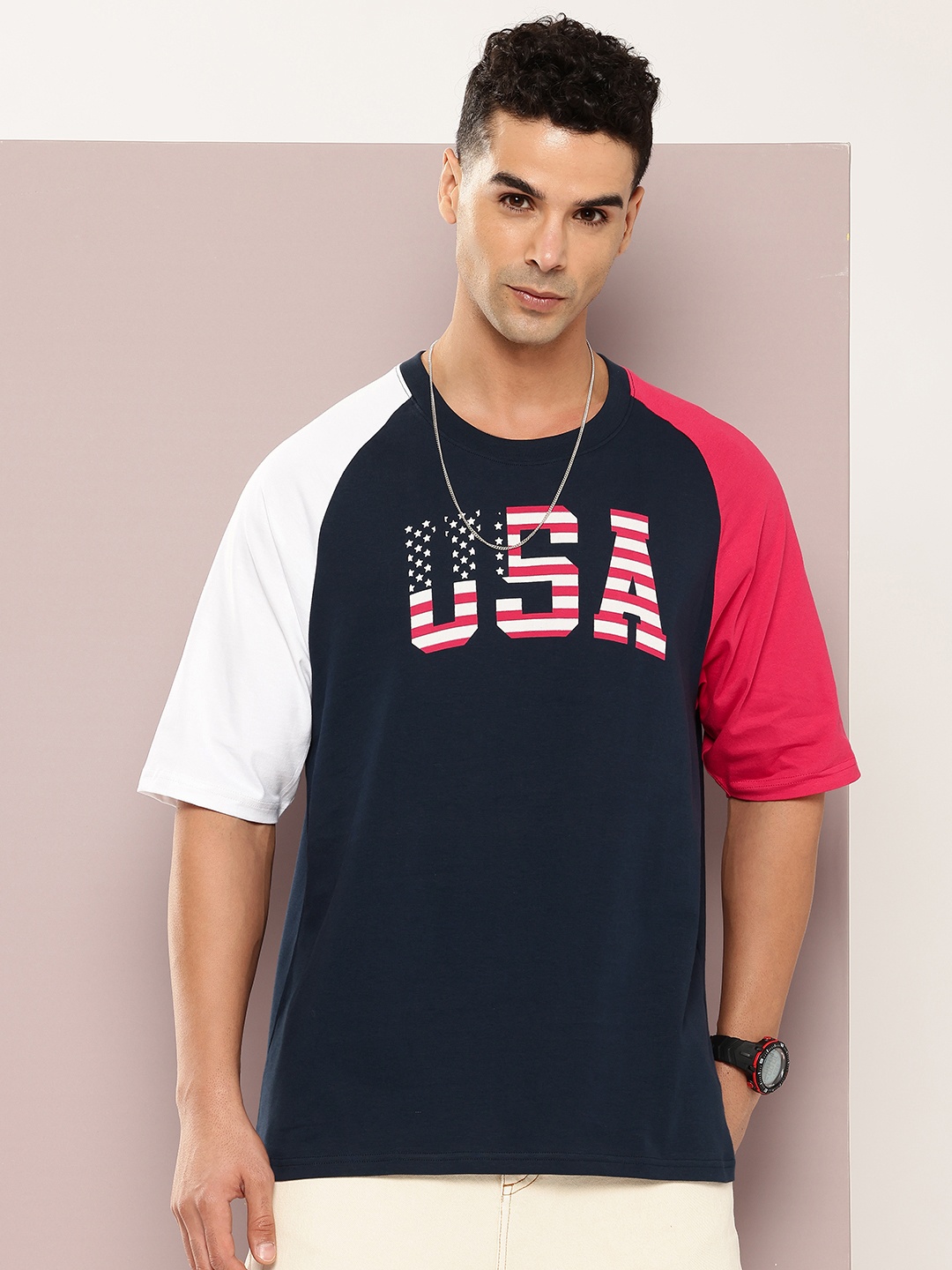 

DILLINGER Men Typography Colourblocked Oversized Pure Cotton T-shirt, Navy blue