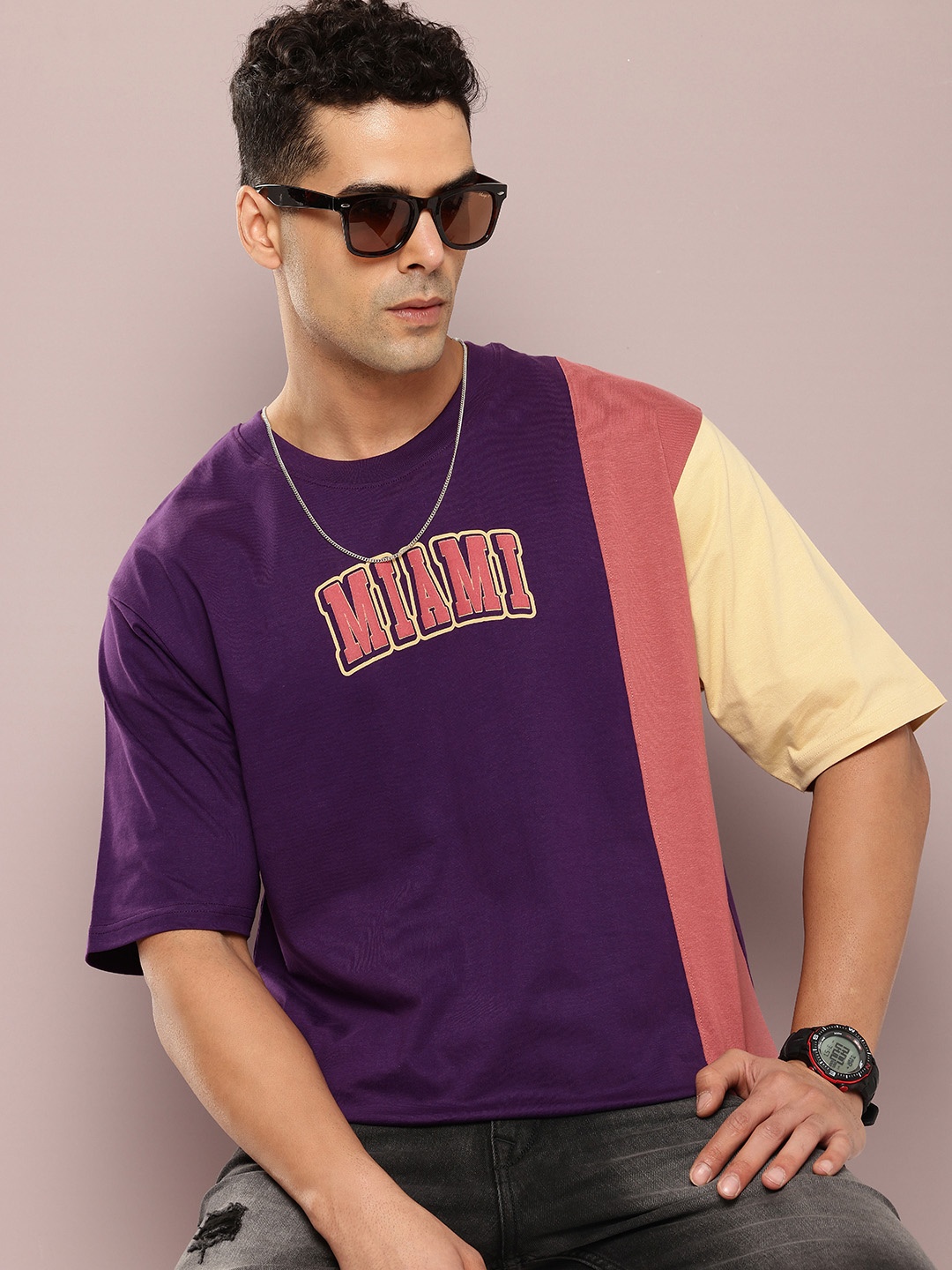 

DILLINGER Men Colourblocked Drop-Shoulder Sleeves Oversized Embossed Pure Cotton T-shirt, Purple