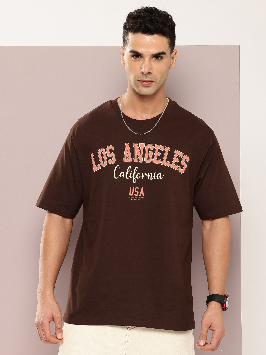 

DILLINGER Men Typography Colourblocked Drop-Shoulder Sleeves Oversized Pure Cotton T-shirt, Brown