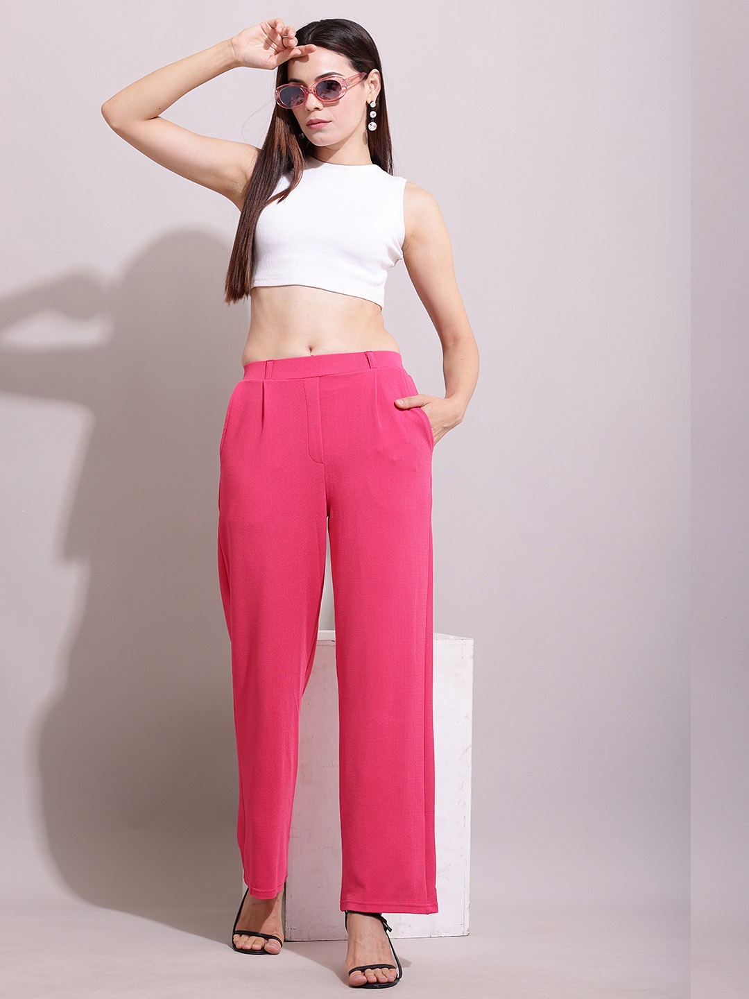 

SQew Women Relaxed Straight Leg High-Rise Easy Wash Parallel Trousers, Pink