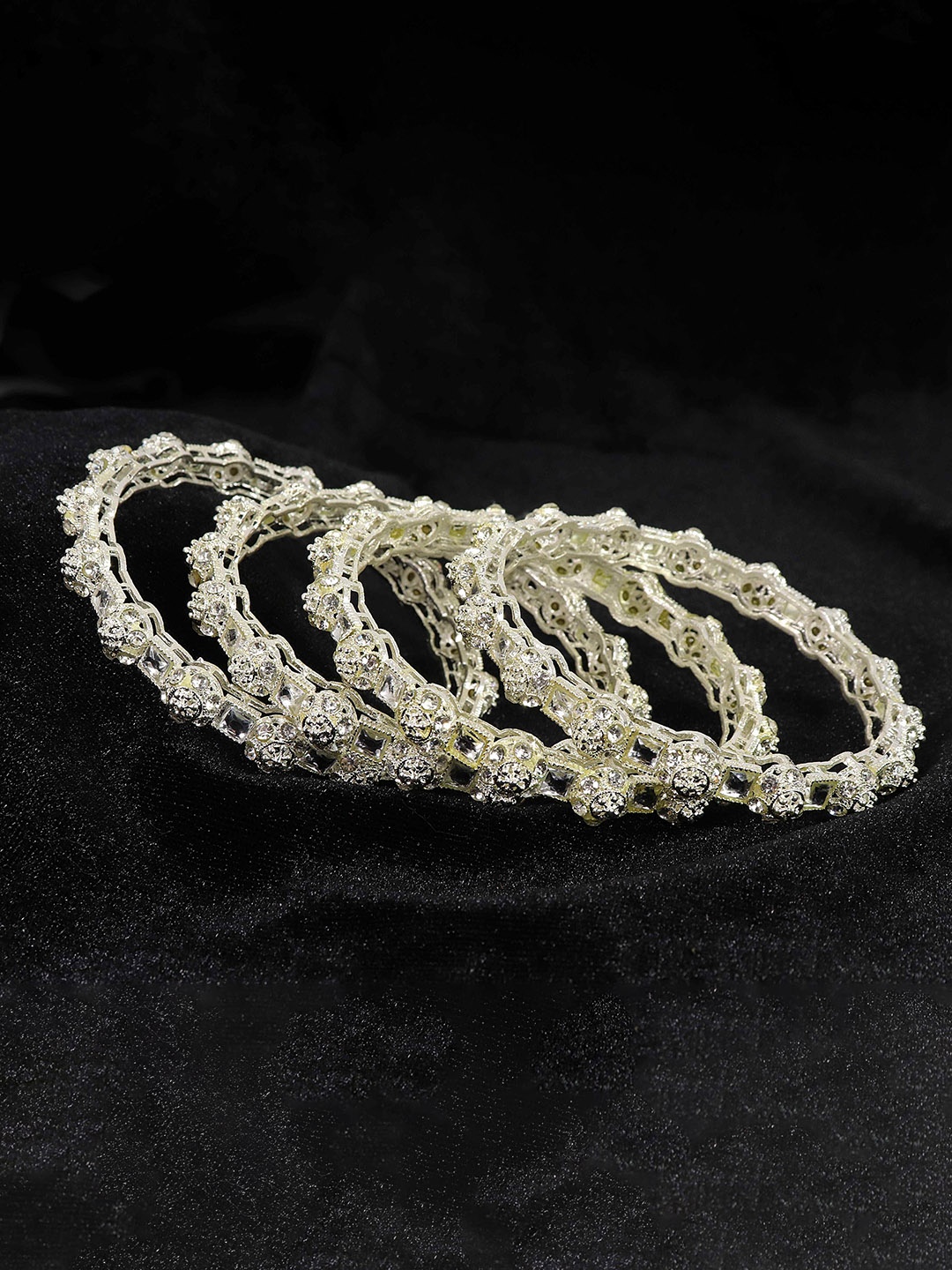 

NMII Set Of 4 CZ & Kundan Studded Bangles, Silver