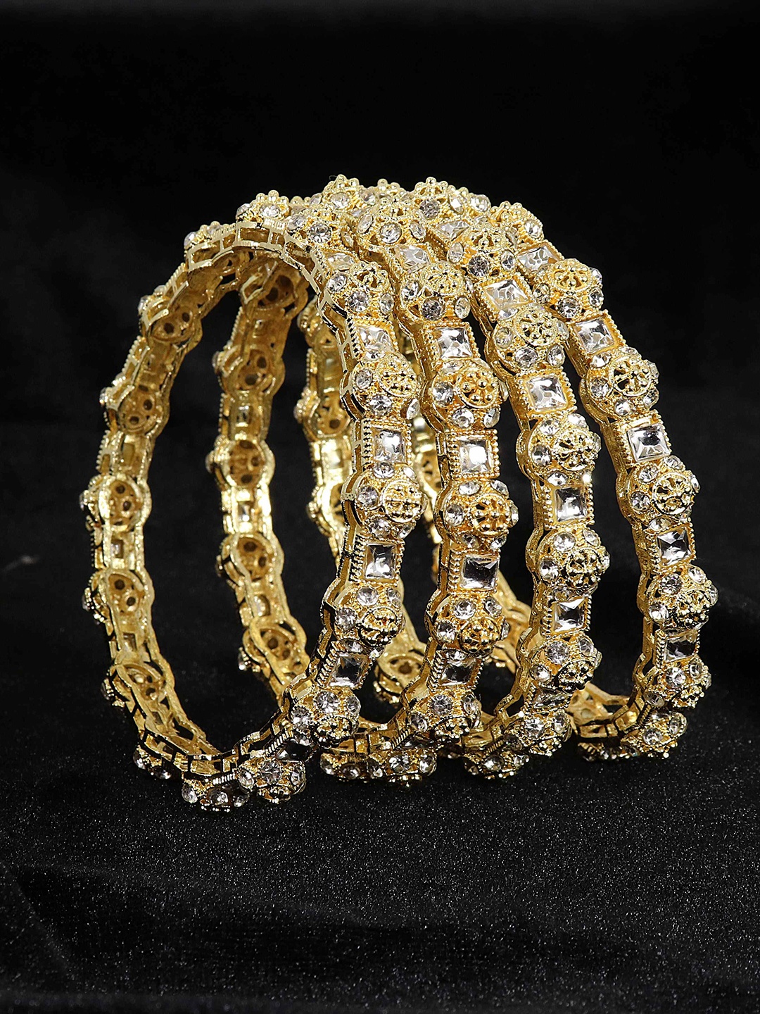 

NMII Set Of 4 CZ & Kundan Studded Bangles, Gold