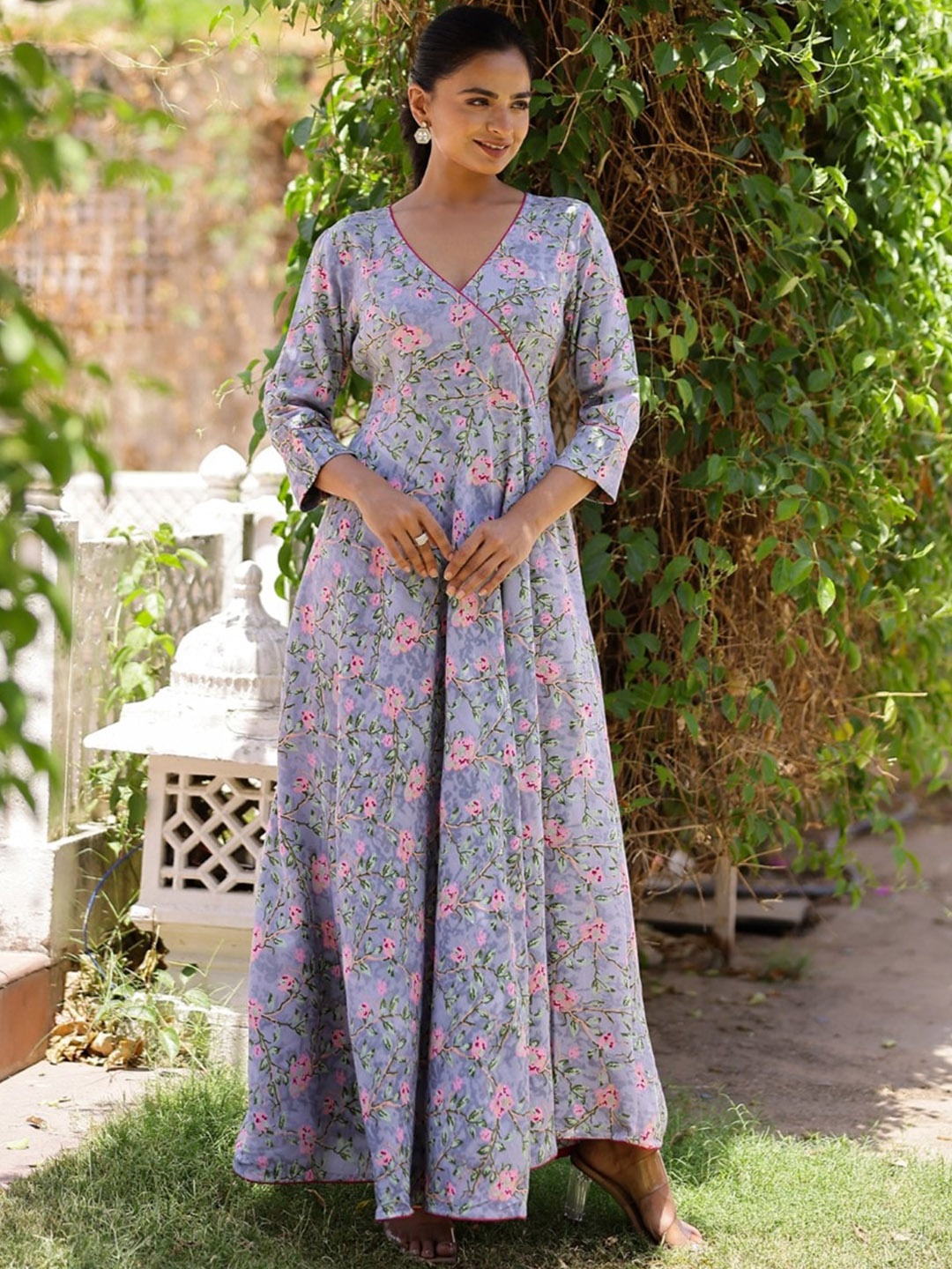 

mokshi Floral Printed V-Neck Flared Maxi Ethnic Dress, Grey