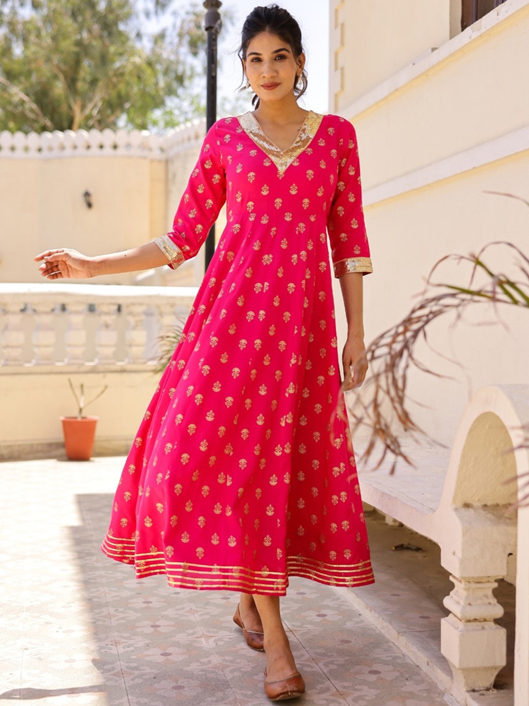 

mokshi Ethnic Motifs Printed Sequined Fit & Flared Maxi Ethnic Dresses, Pink