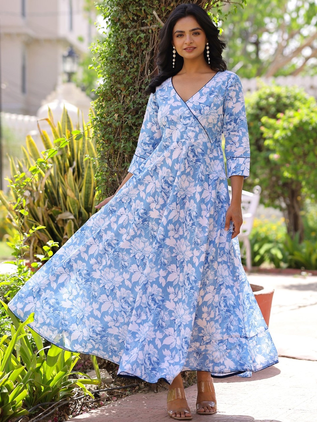 

mokshi Floral Printed V-Neck Flared Maxi Ethnic Dress, Blue