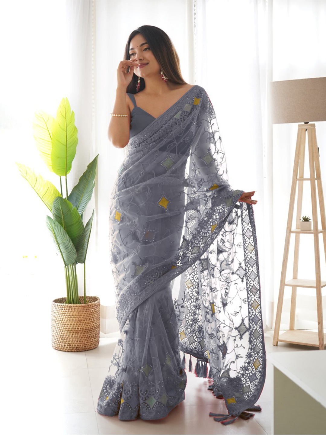 

RV CREATION Embellished Beads and Stones Net Designer Saree, Grey