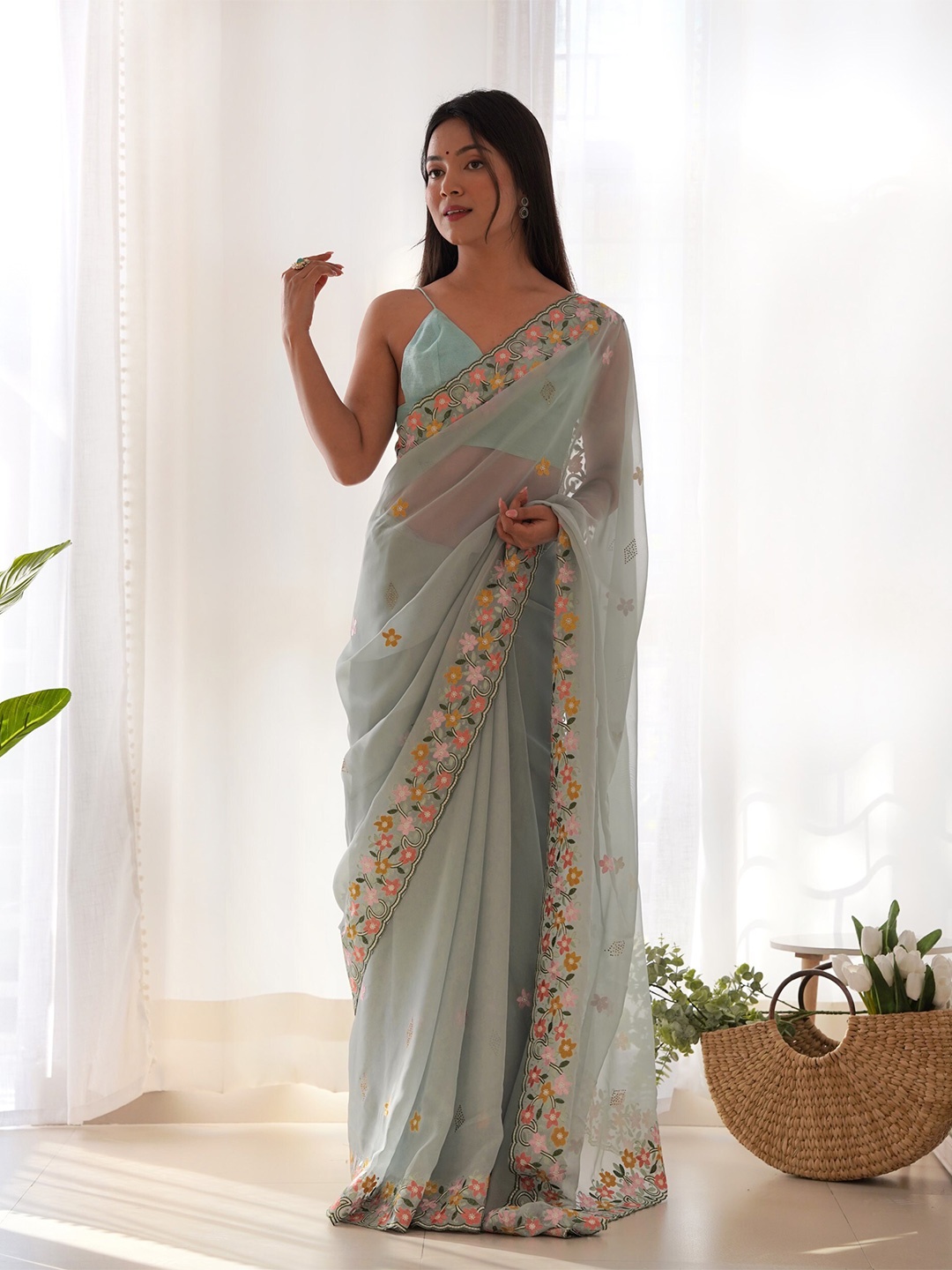 

RV CREATION Embellished Embroidered Organza Designer Saree, Blue
