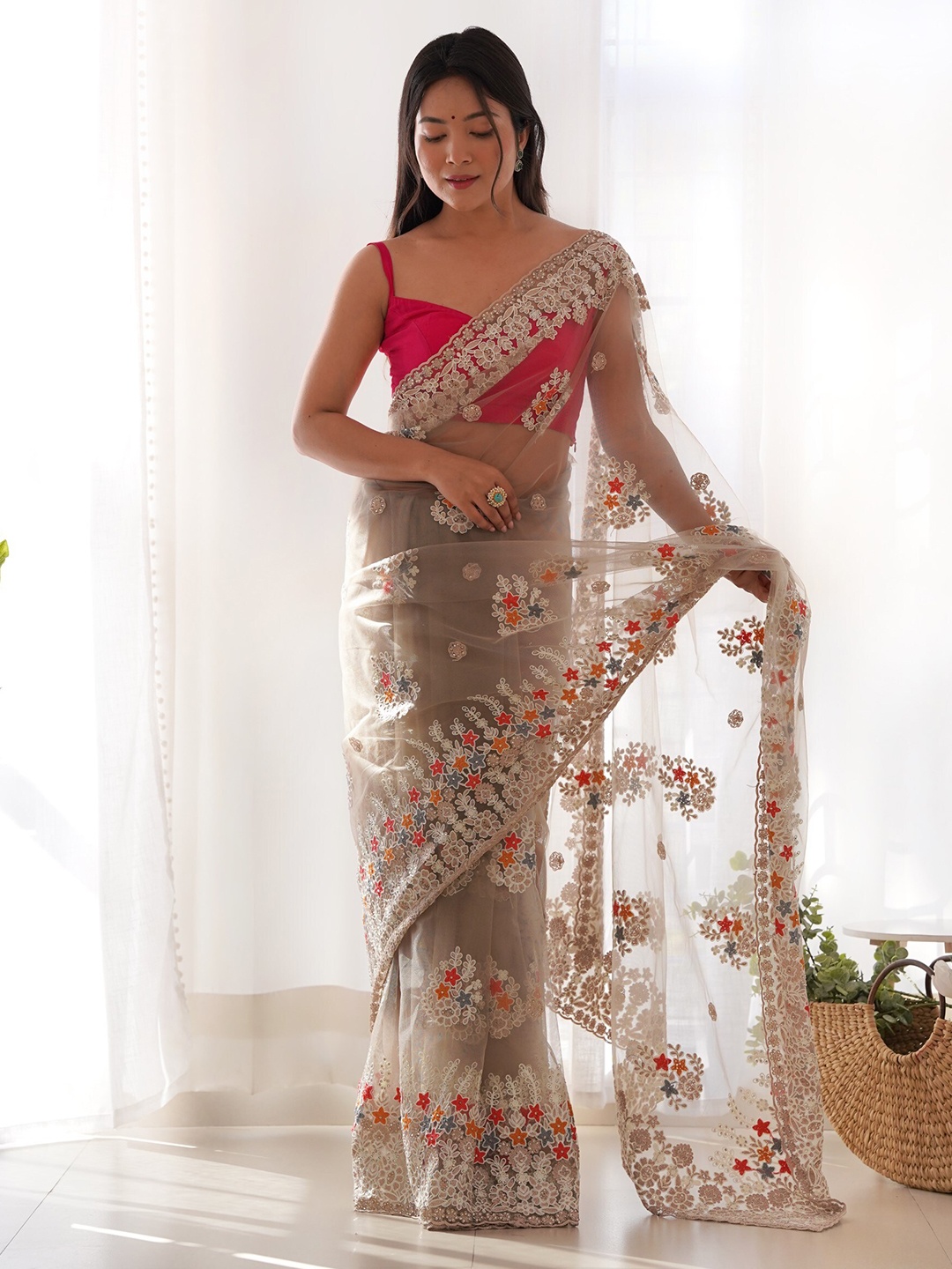 

RV CREATION Embellished Beads and Stones Net Designer Saree, Beige