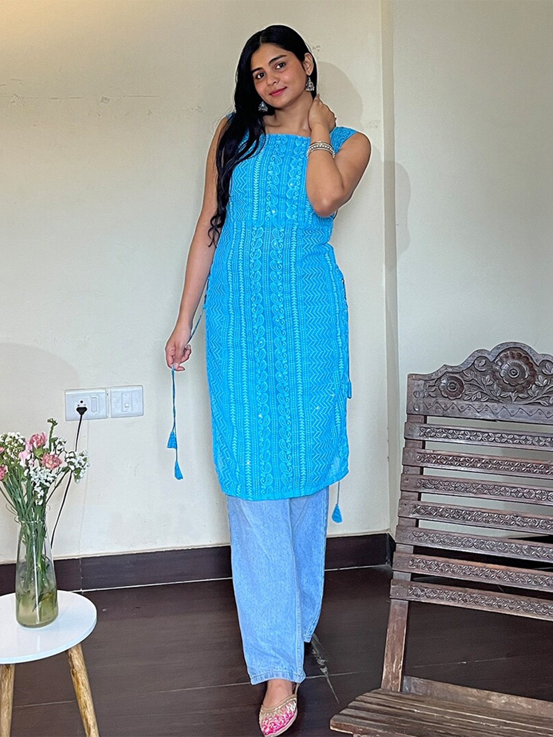

PRANZ CREATION Paisley Printed Sleeveless Georgette Straight Kurta, Turquoise blue