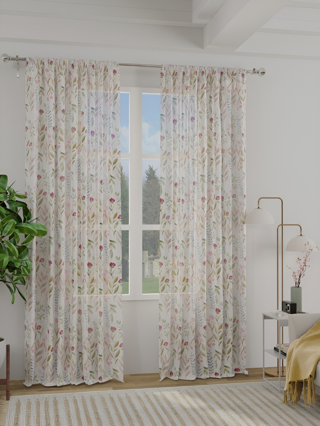 

ROSARA HOME White & Green 2 Pieces Floral Printed Sheer Door Curtains