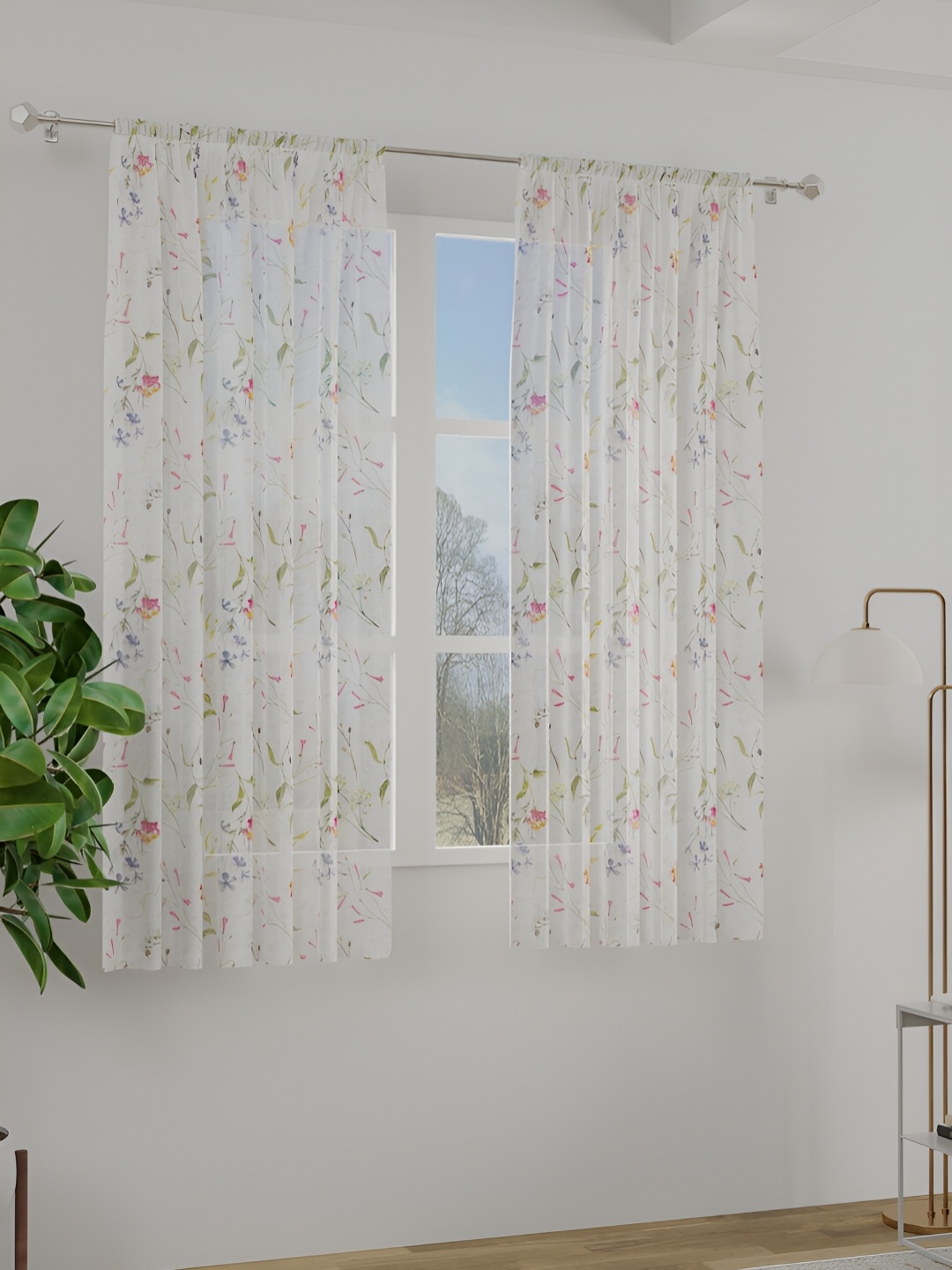 

ROSARA HOME White & Green 2 Pieces Rod Pocket Window Curtains