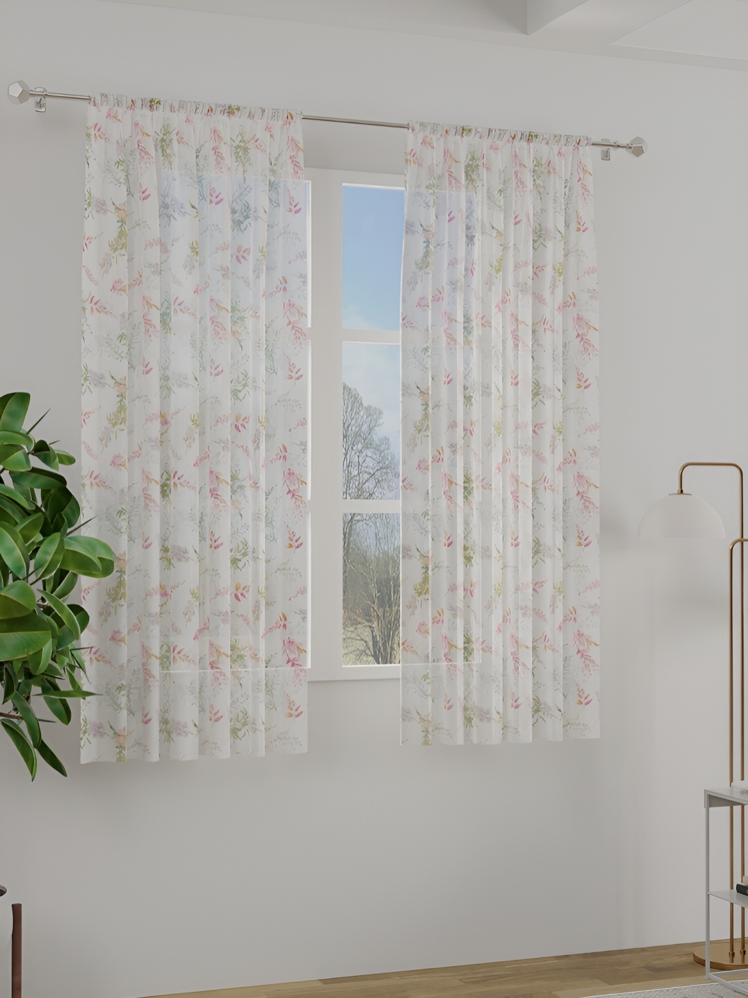 

ROSARA HOME White & Green 2 Pieces Floral Printed Sheer Window Curtains