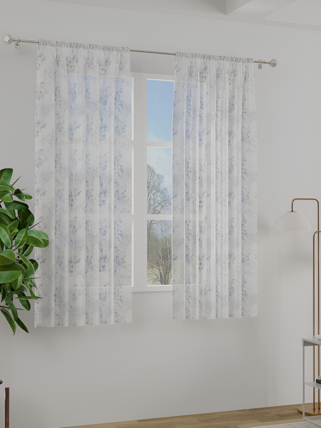 

ROSARA HOME White & Lavender 2 Pieces Floral Printed Sheer Window Curtains