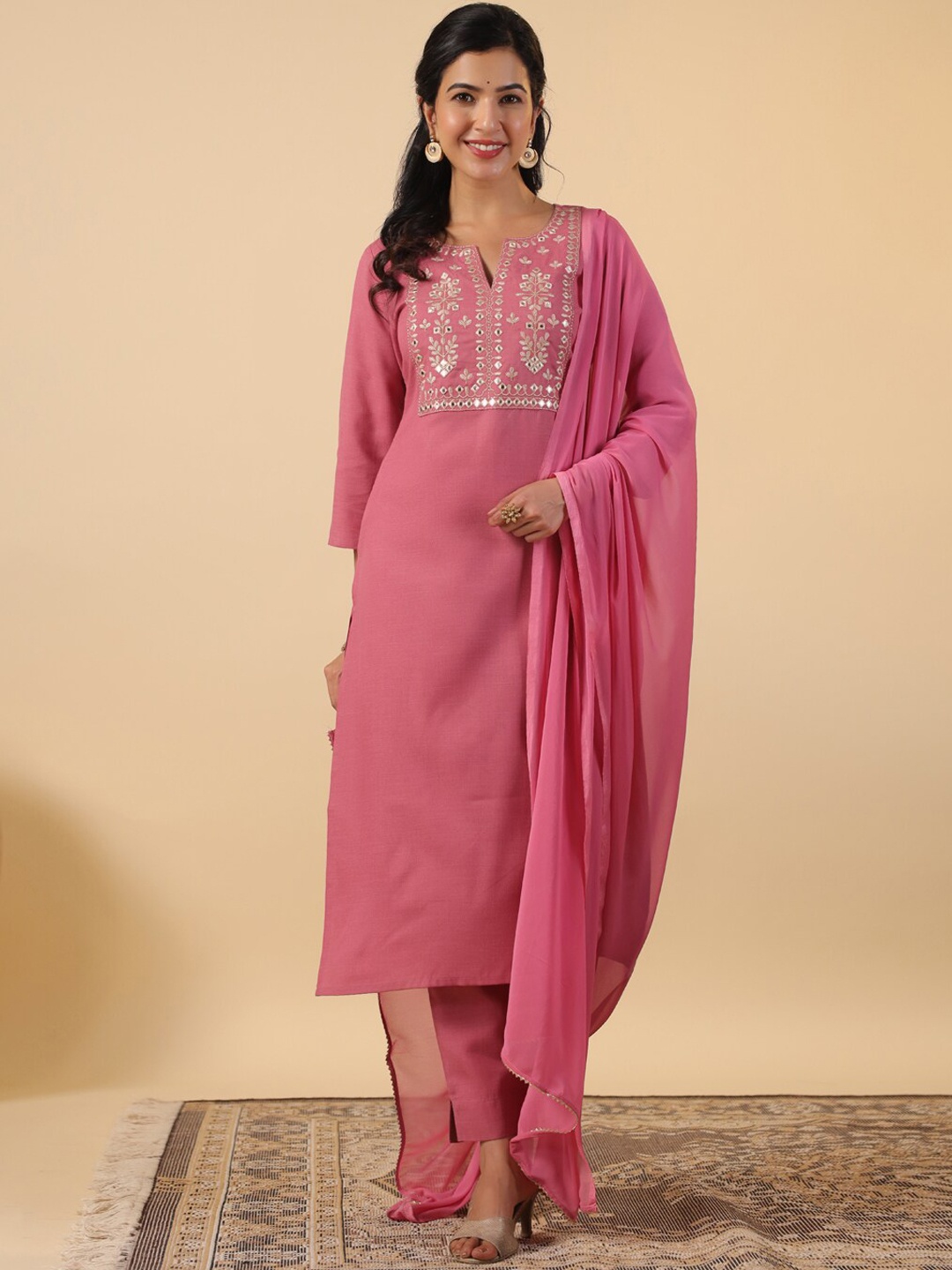 

KALINI Ethnic Motifs Embroidered Regular Mirror Work Kurta with Trouser & Dupatta, Mauve