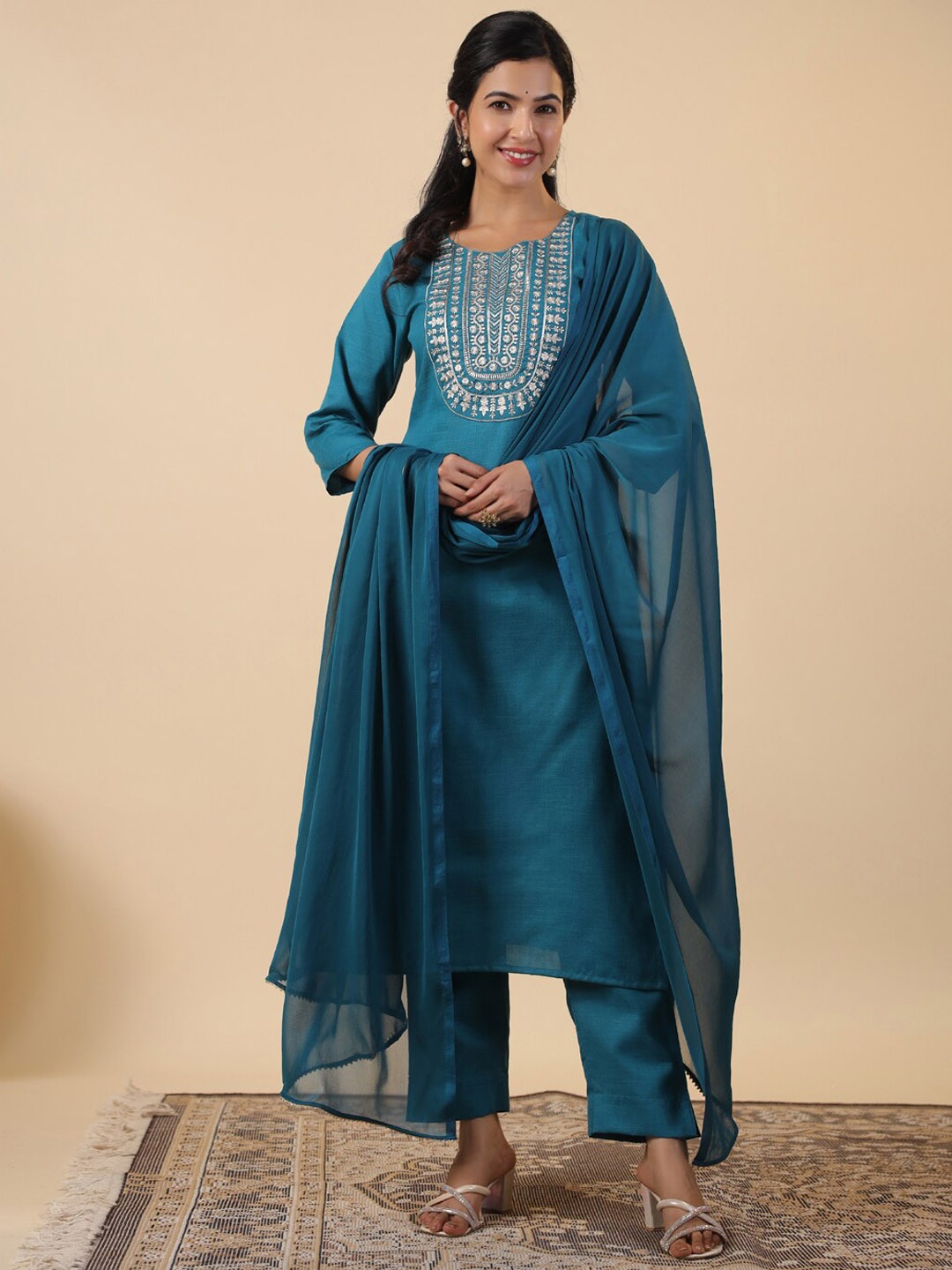 

KALINI Ethnic Motifs Embroidered Straight Kurta With Trousers & Dupatta, Teal