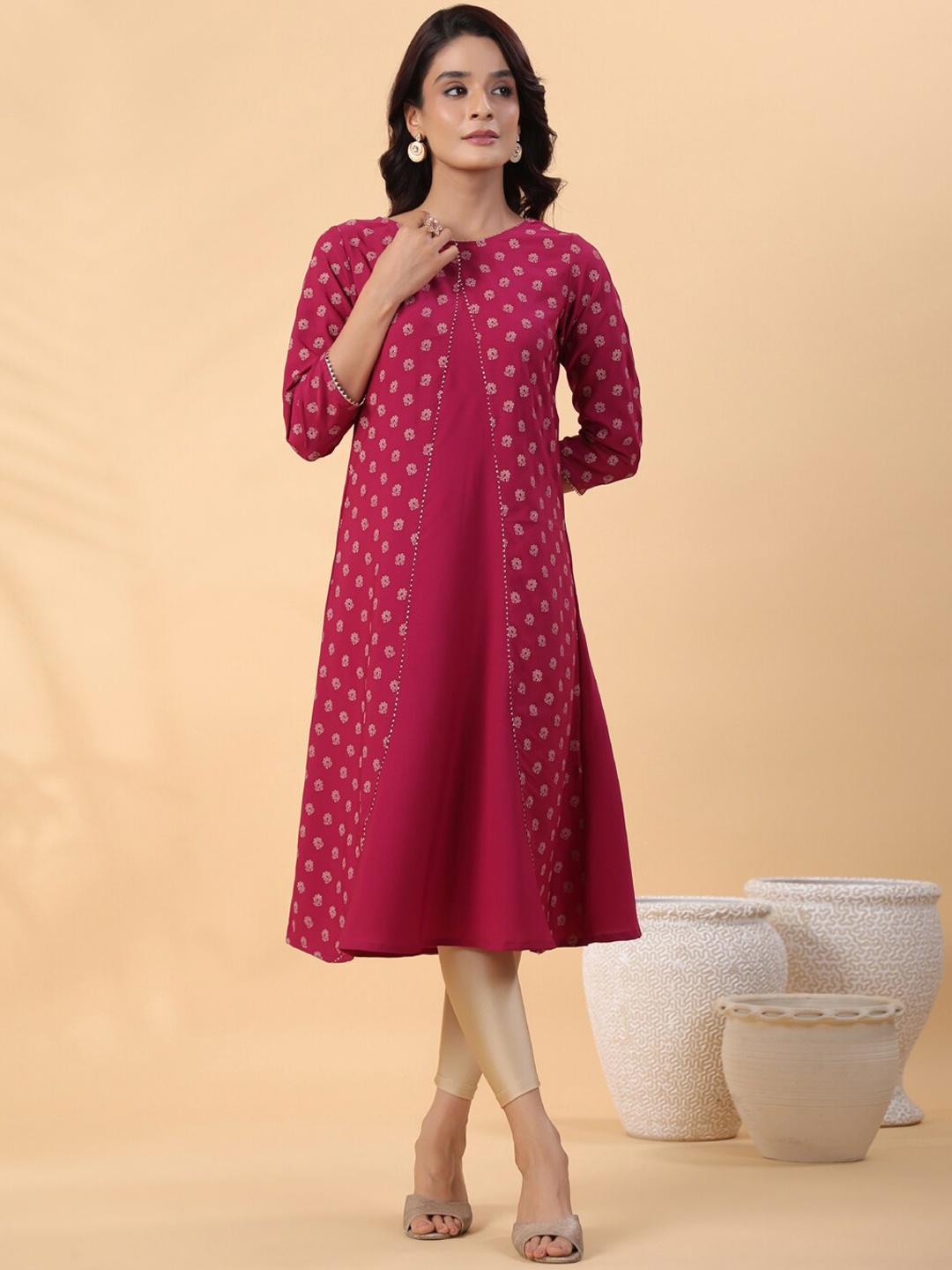 

Janasya Ethnic Motifs Printed Gotta Patti A Line Crepe Kurta, Purple