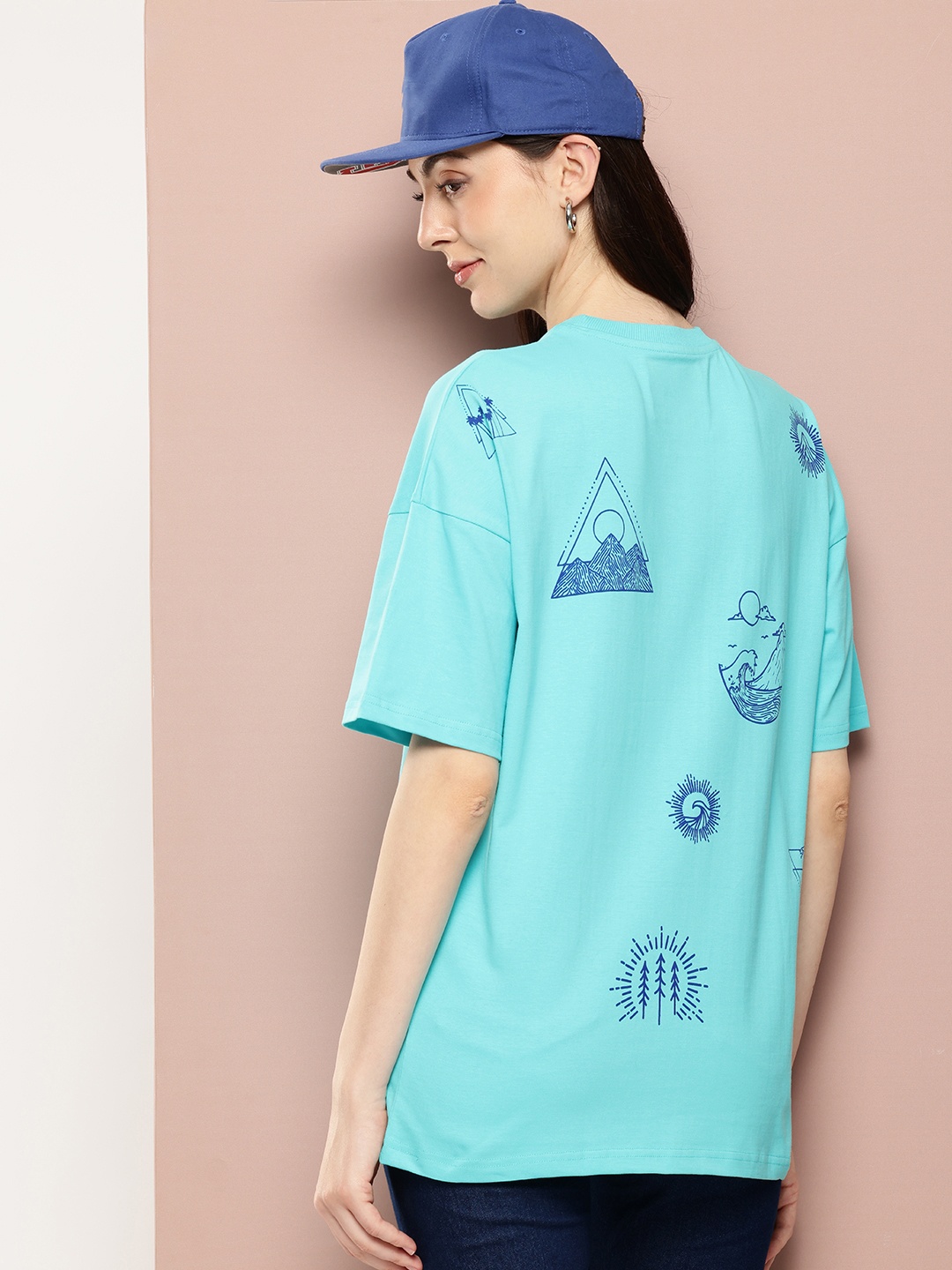 

Stormborn Printed Drop-Shoulder Sleeves Pure Cotton T-shirt, Turquoise blue