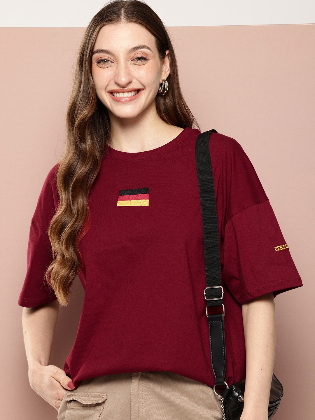 

Stormborn Printed Drop-Shoulder Sleeves Pure Cotton T-shirt, Maroon