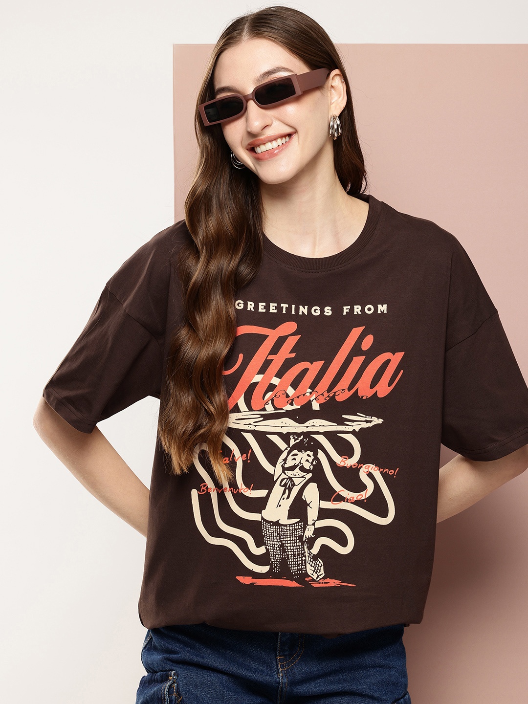 

Stormborn Printed Drop-Shoulder Sleeves Pure Cotton T-shirt, Brown