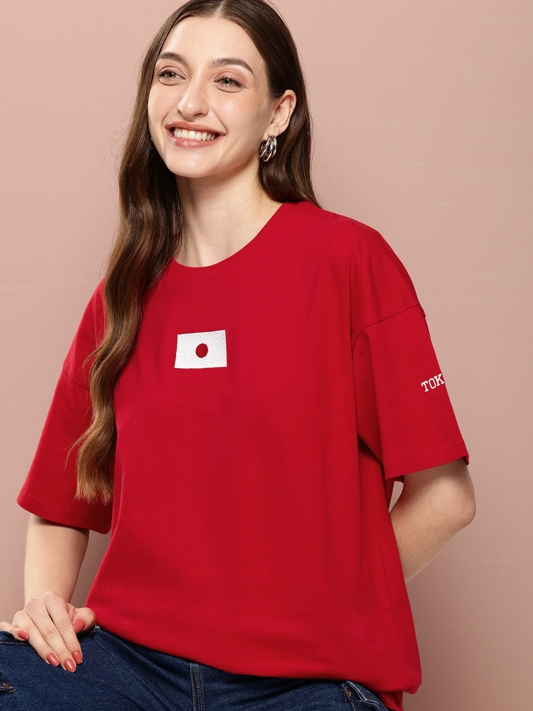Stormborn Printed Drop-Shoulder Sleeves Pure Cotton T-shirt, Red