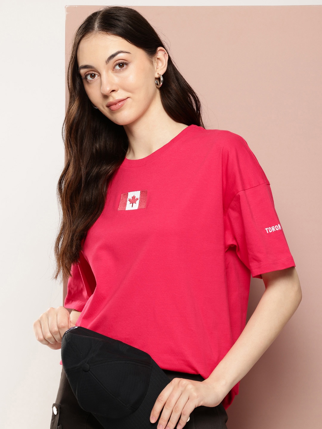 

Stormborn Printed Drop-Shoulder Sleeves Pure Cotton T-shirt, Fuchsia