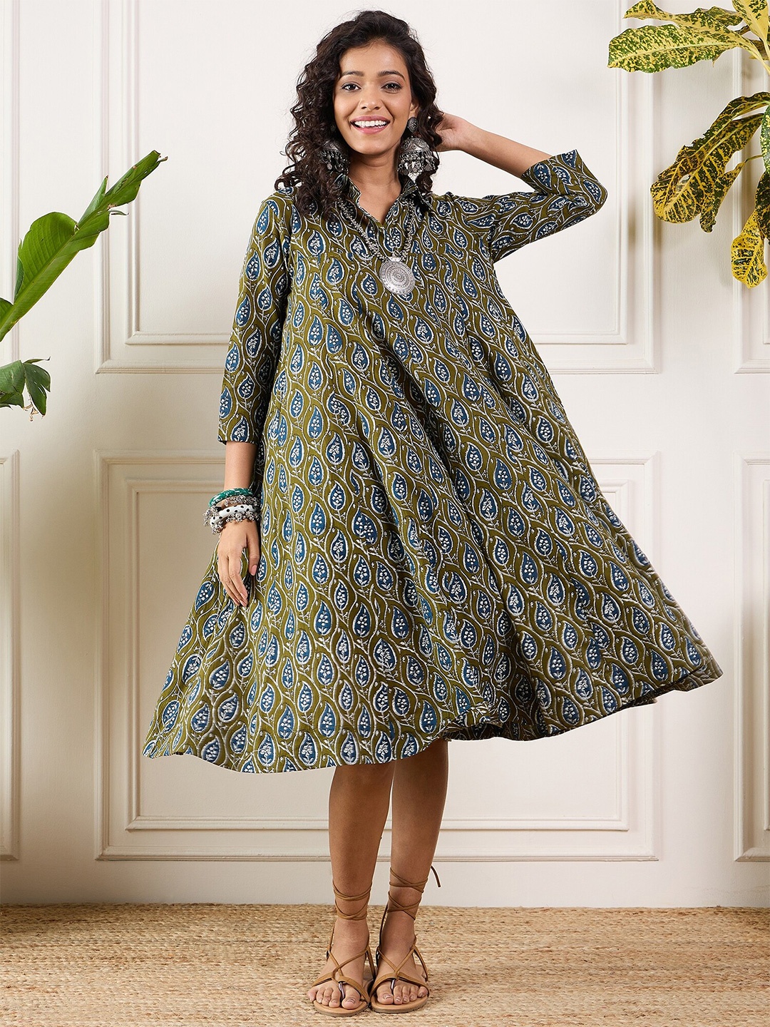 

InWeave Floral Printed Shirt Collar Cotton Flared A-Line Dress, Olive