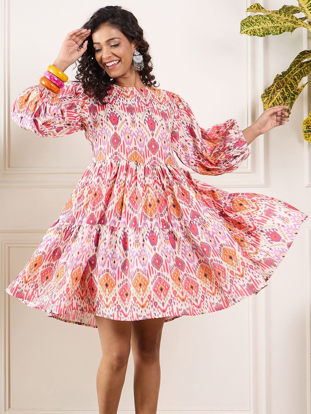 

InWeave Ethnic Motifs Print Puff Sleeve Fit & Flare Dress, Off white