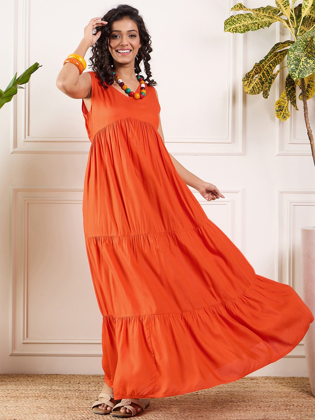 

InWeave V-Neck Maxi Tiered Dress, Orange
