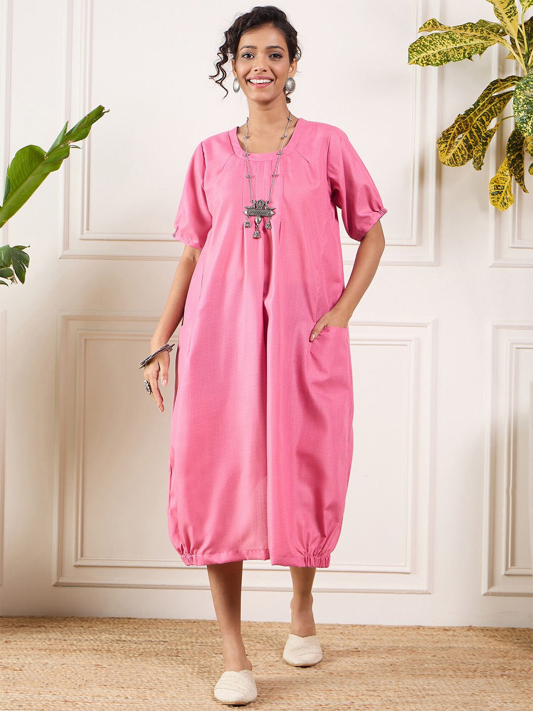 

InWeave Round Neck Linen A-Line Midi Dress, Pink