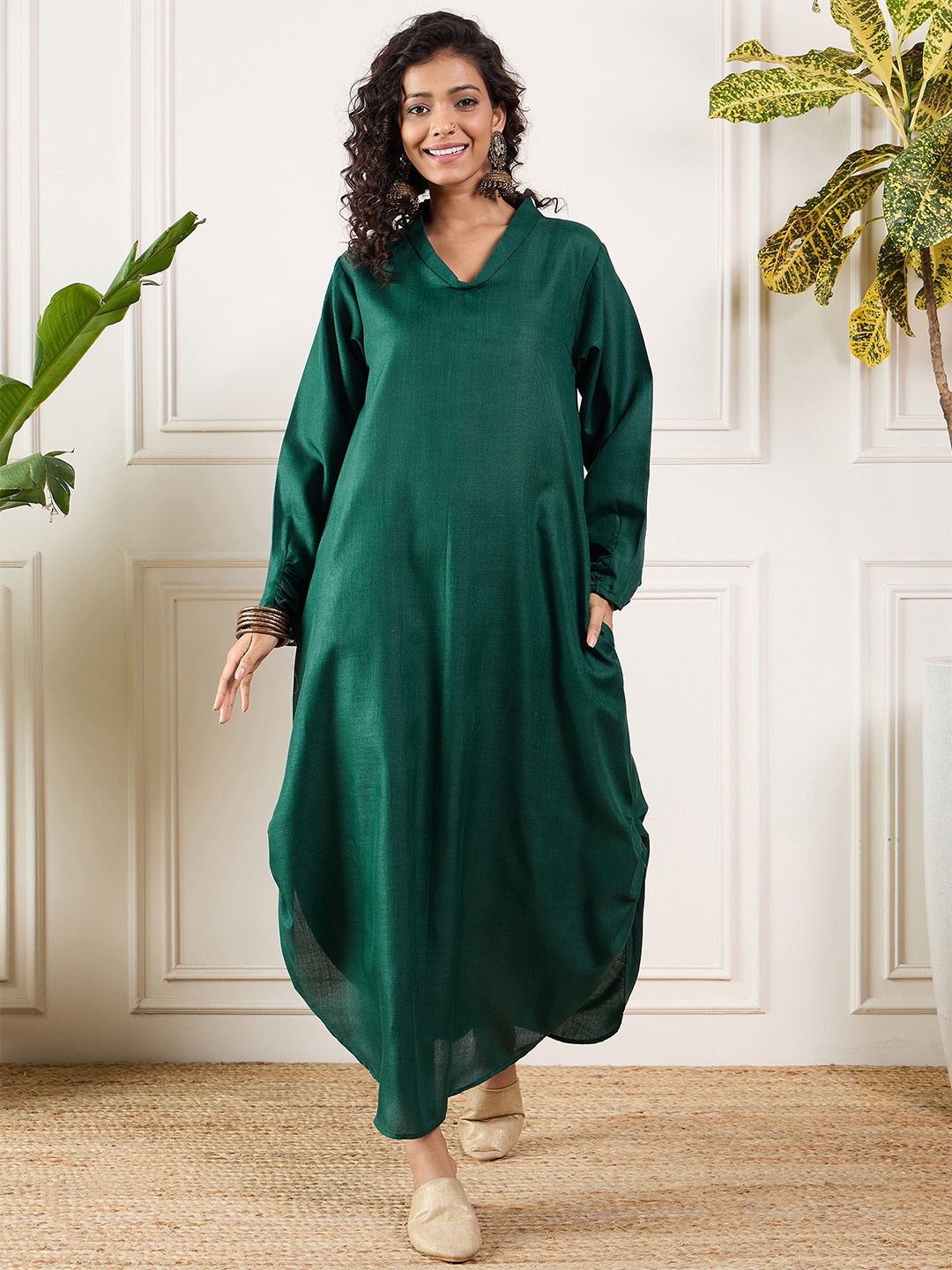 

InWeave V-Neck Linen A-Line Maxi Dress, Green