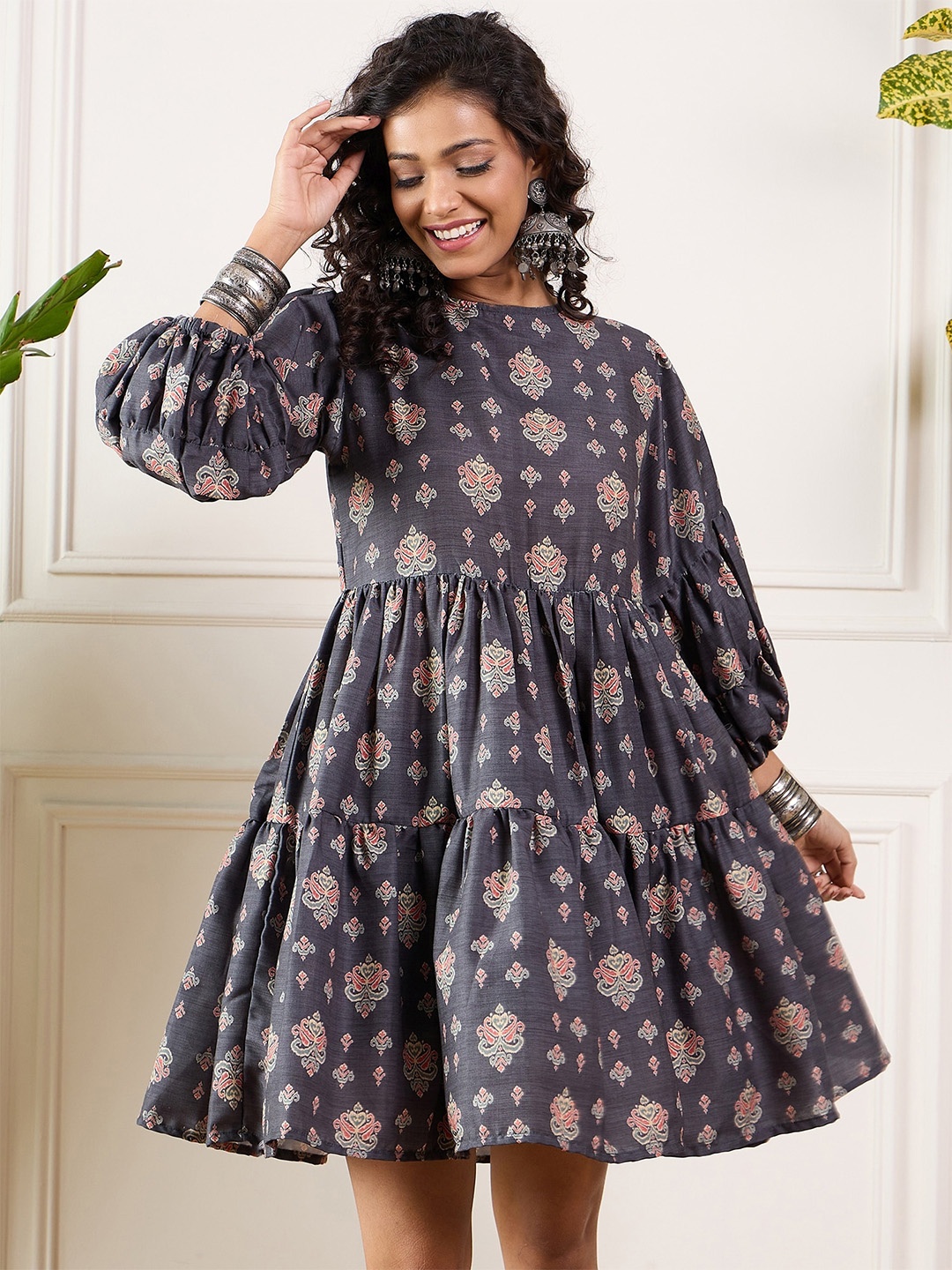 

InWeave Floral Printed Puff Sleeves Fit & Flare Dress, Black