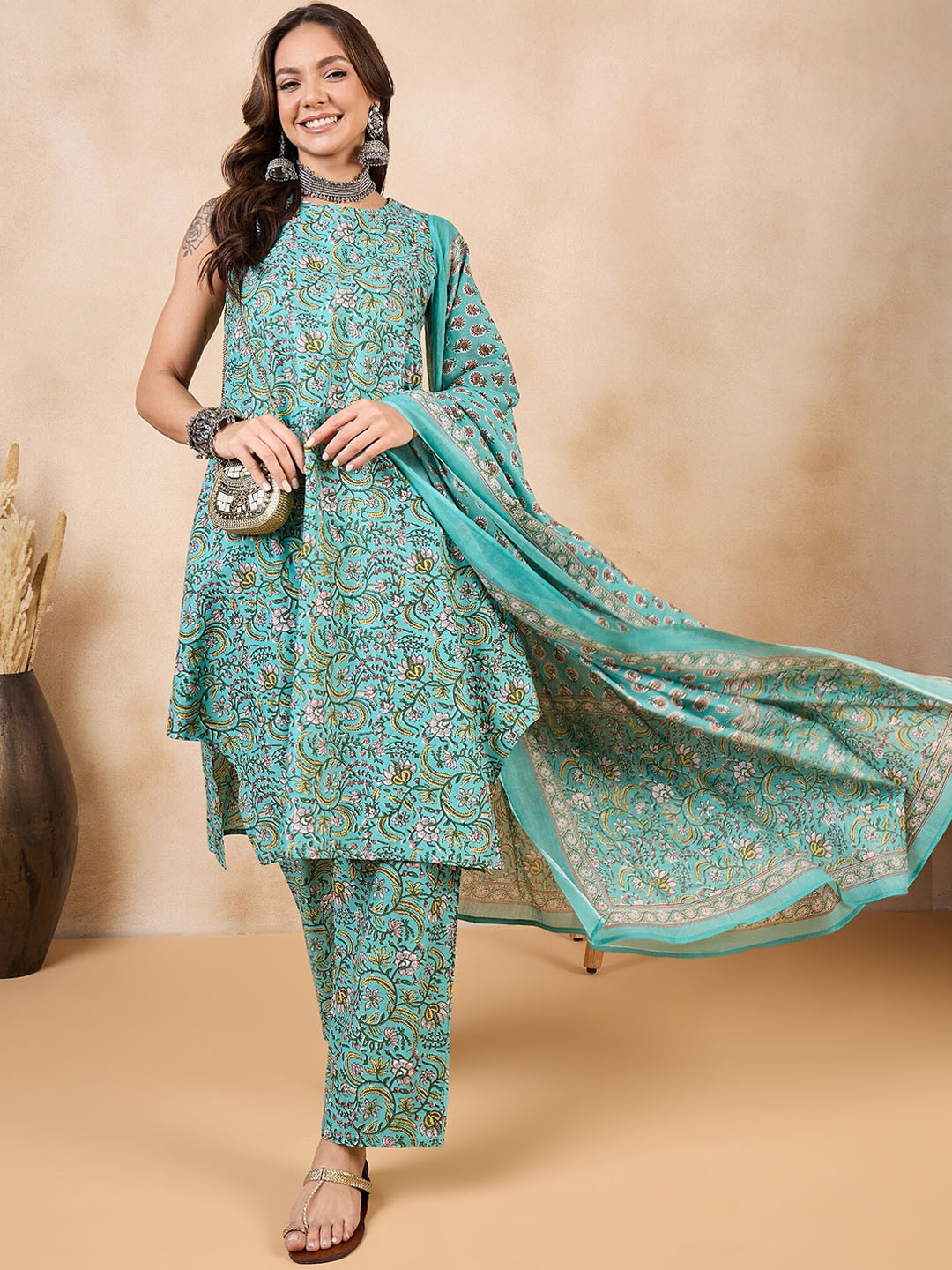 

InWeave Floral Printed Pure Cotton A-Line Kurta With Trousers & Dupatta, Teal