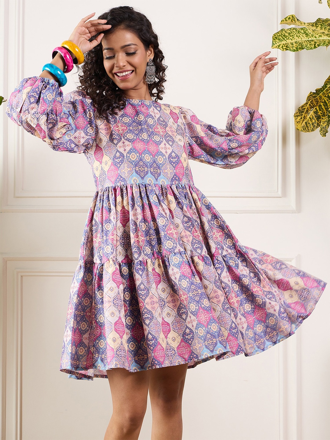 

InWeave Floral Printed Bell Sleeve Gathered or Pleated Fit & Flare Dress, Purple