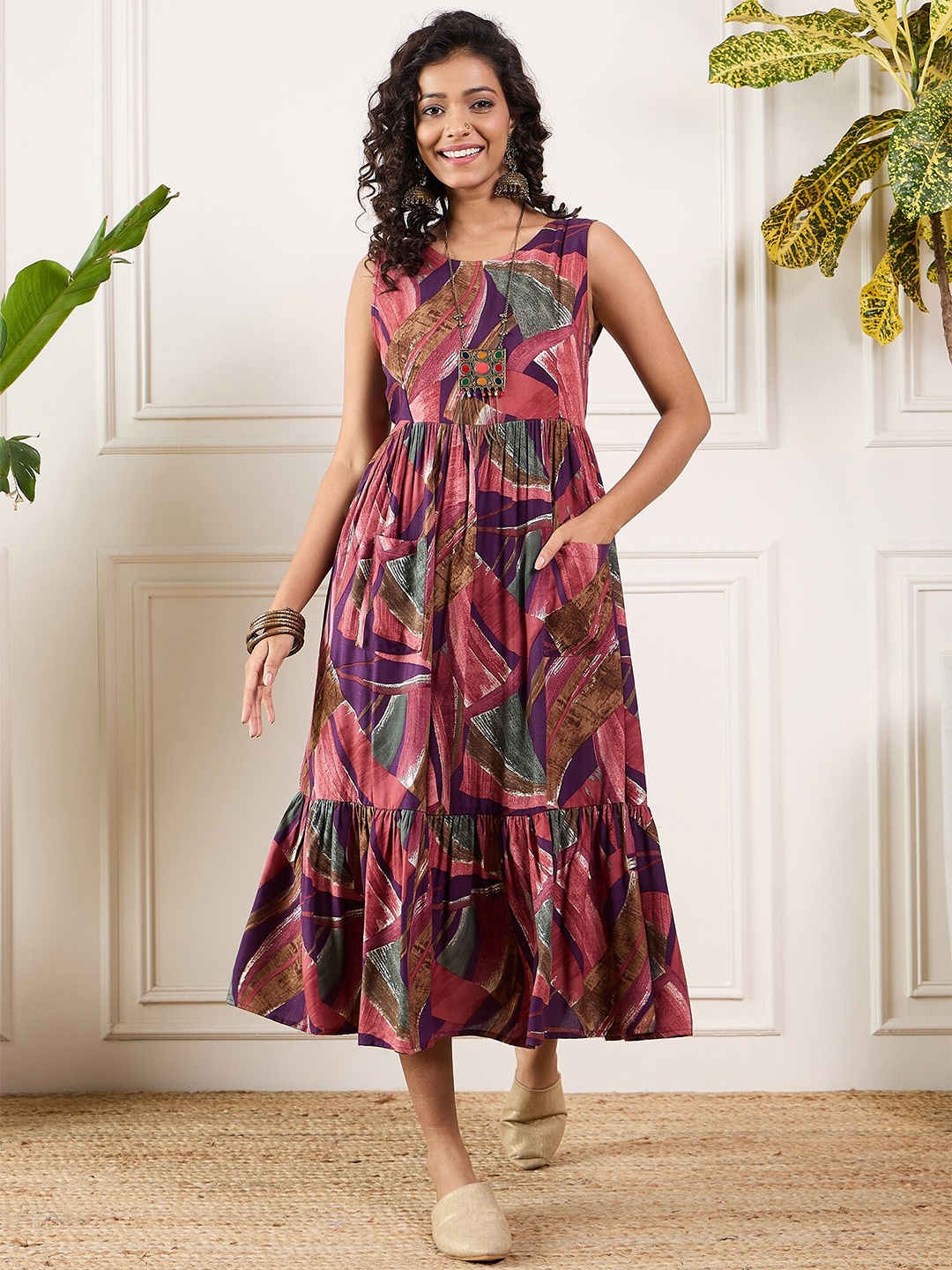 

InWeave Printed A-Line Midi Dress, Brown