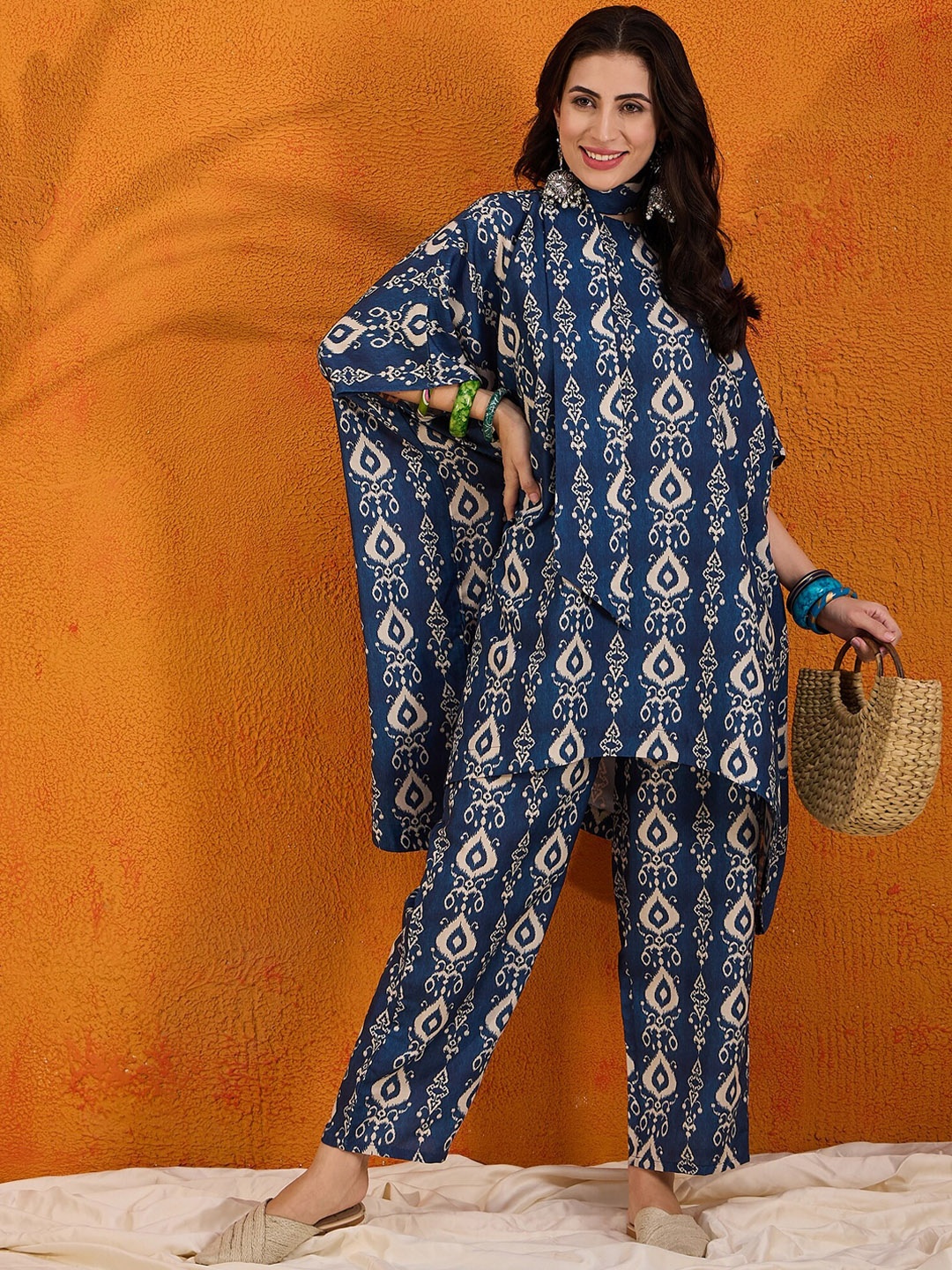 

InWeave Printed Tie-Up Neck Tunic With Trousers Co-Ords, Blue