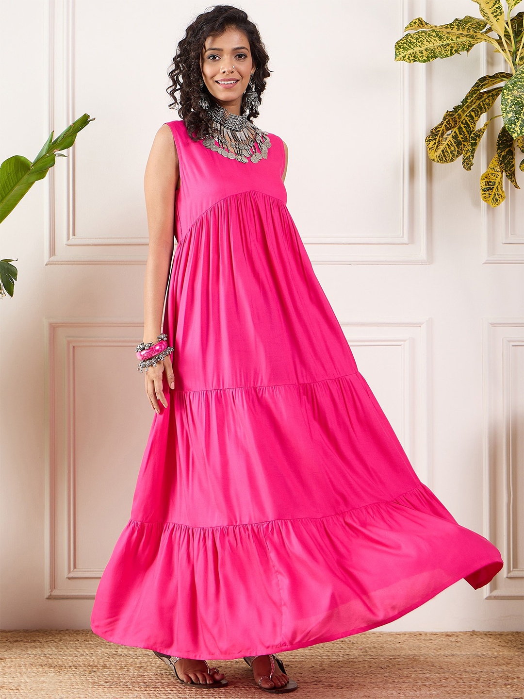 

InWeave Round Neck Sleeveless Layered Tiered Maxi Dress, Pink