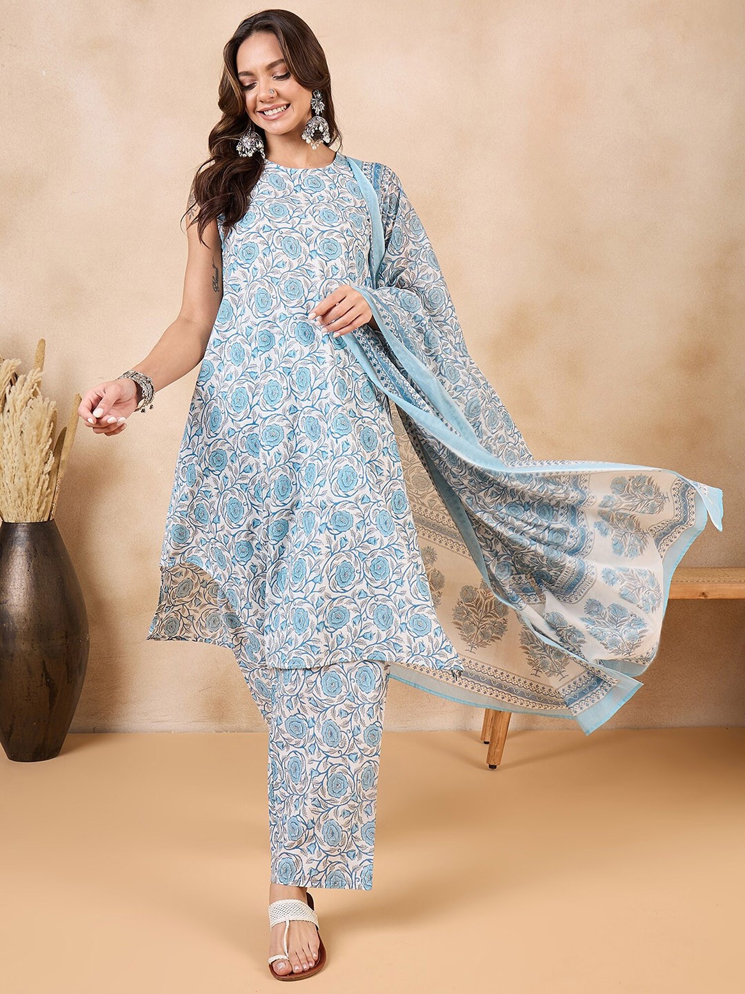 

InWeave Floral Printed Pure Cotton A-Line Kurta With Trousers & Dupatta, White