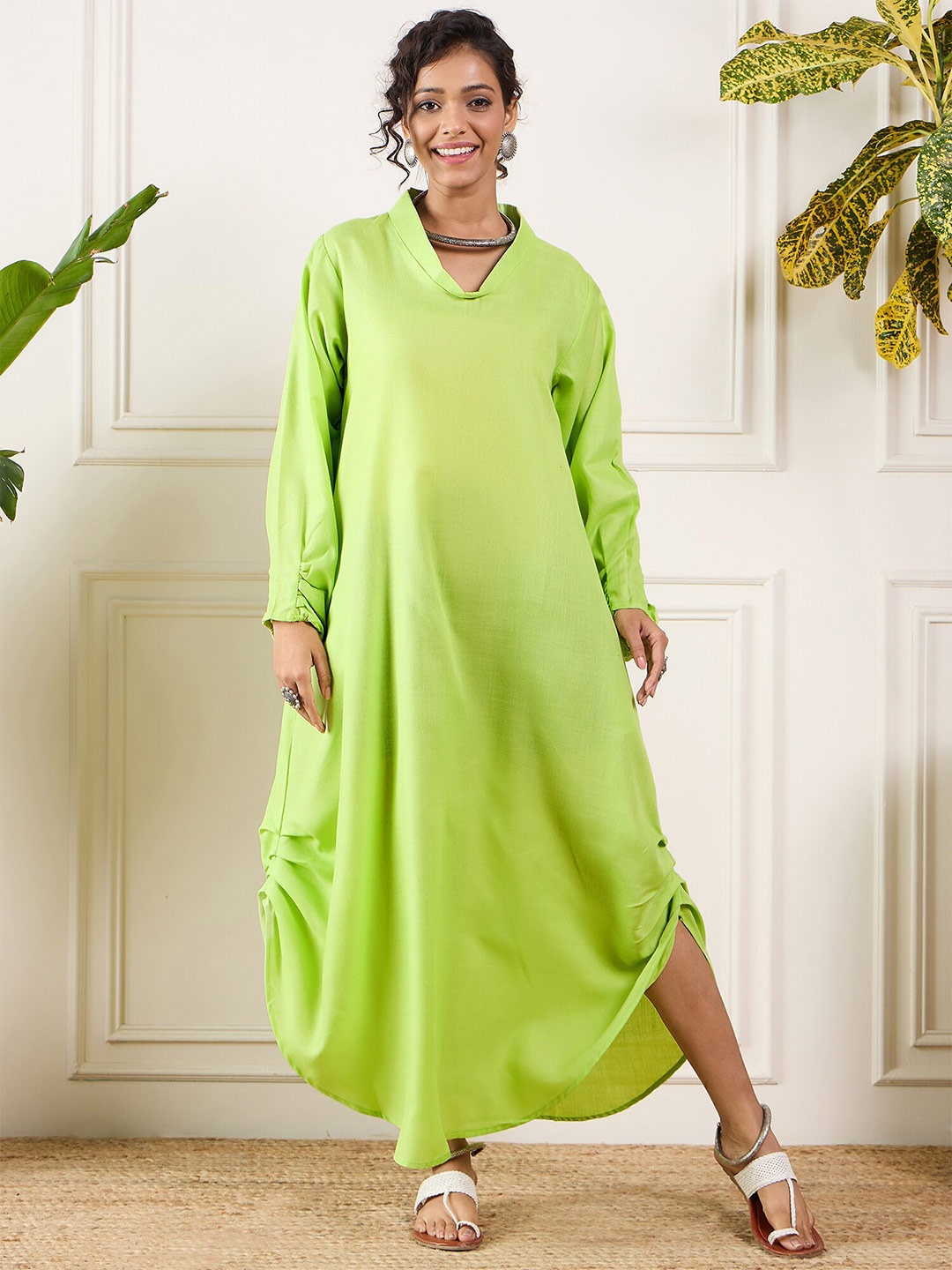 

InWeave V-Neck Linen A-Line Maxi Dress, Green