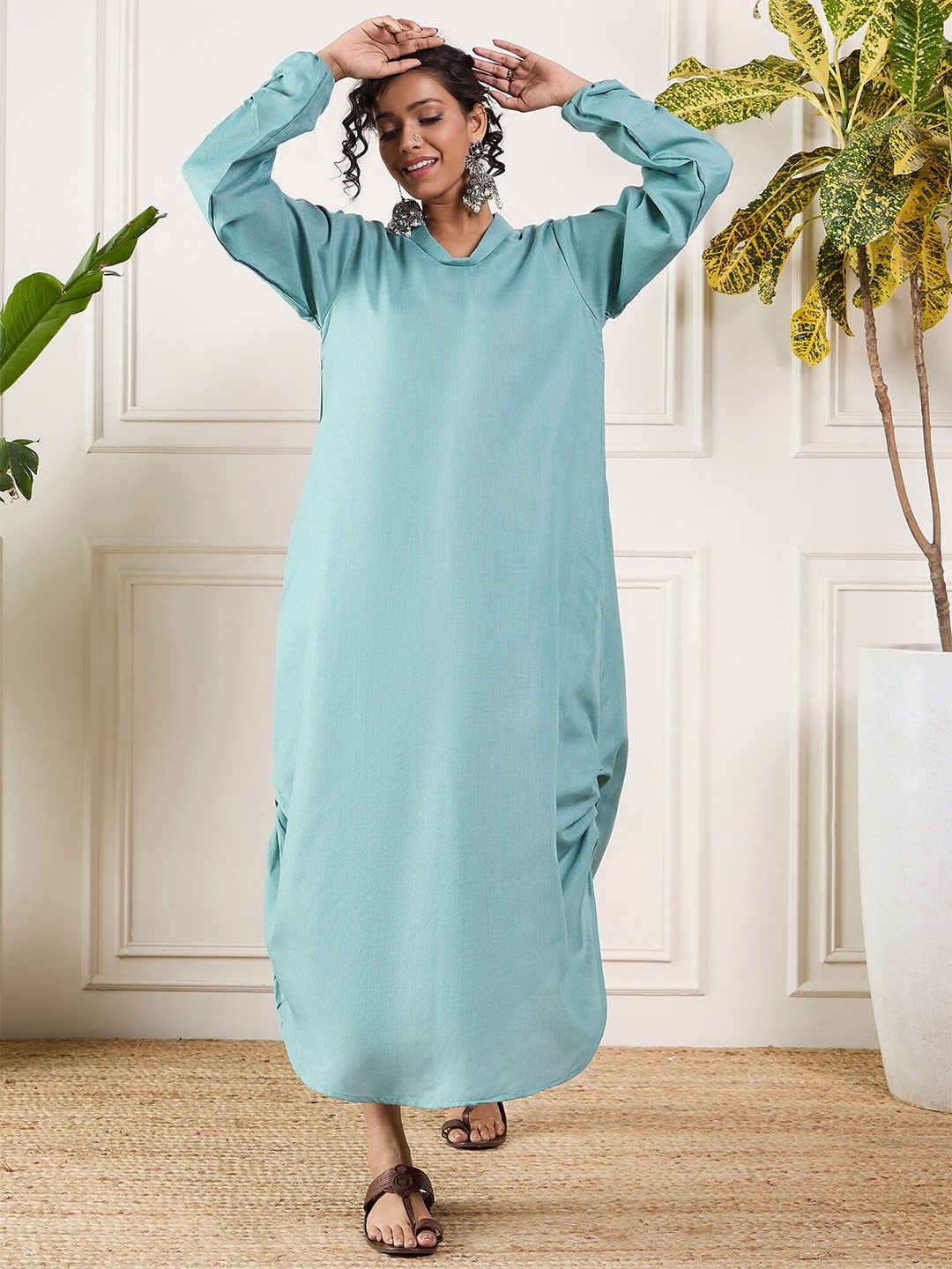 

InWeave Round Neck Puff Sleeve Linen A-Line Maxi Dress, Teal