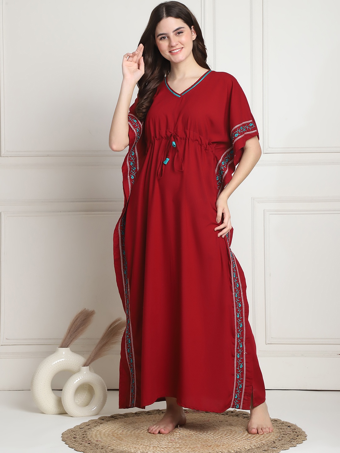 

Secret Wish Women V-Neck Maxi Kaftan Nightdress, Red