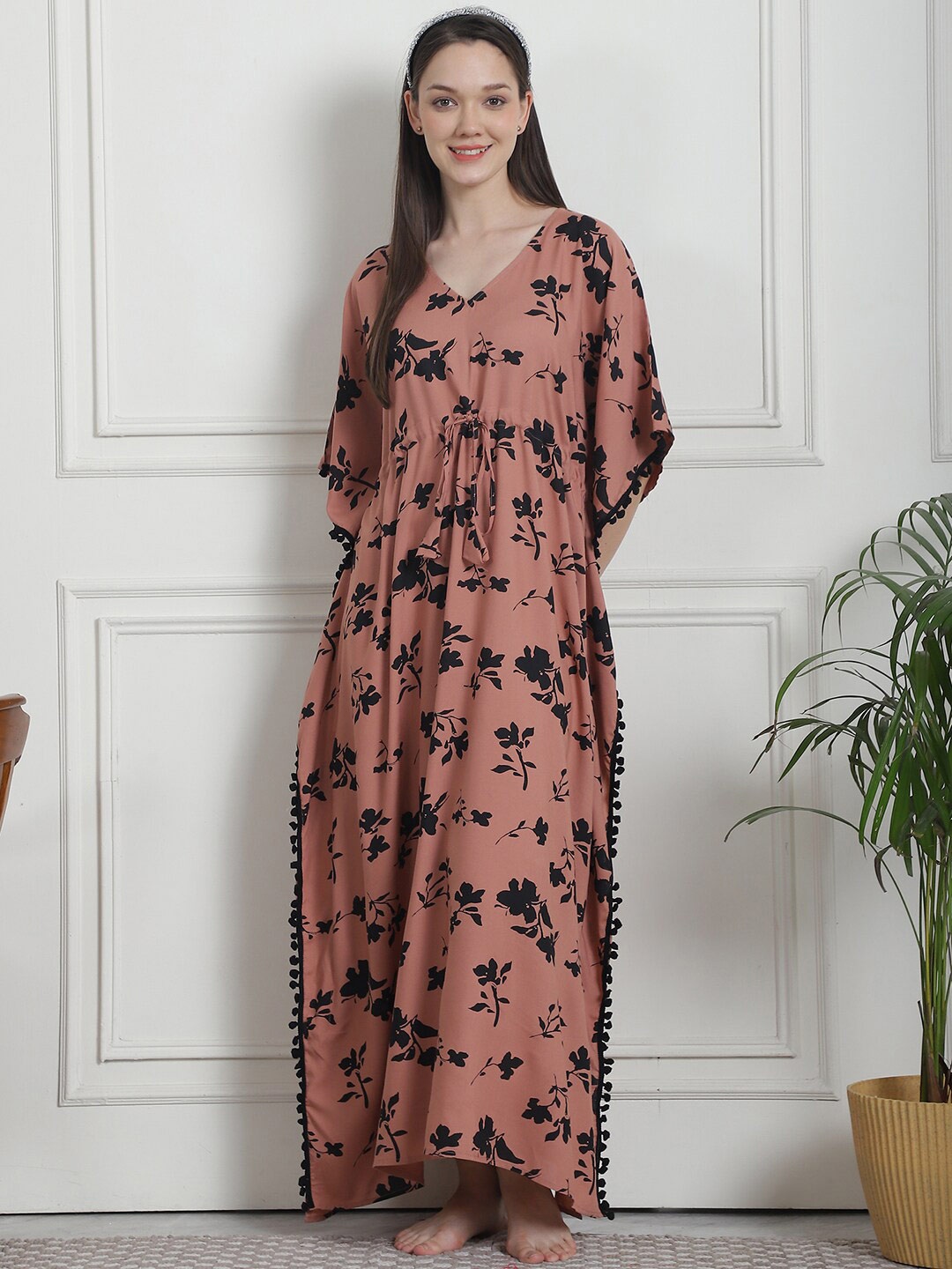 

Secret Wish Printed V-Neck Maxi Kaftan Nightdress, Brown