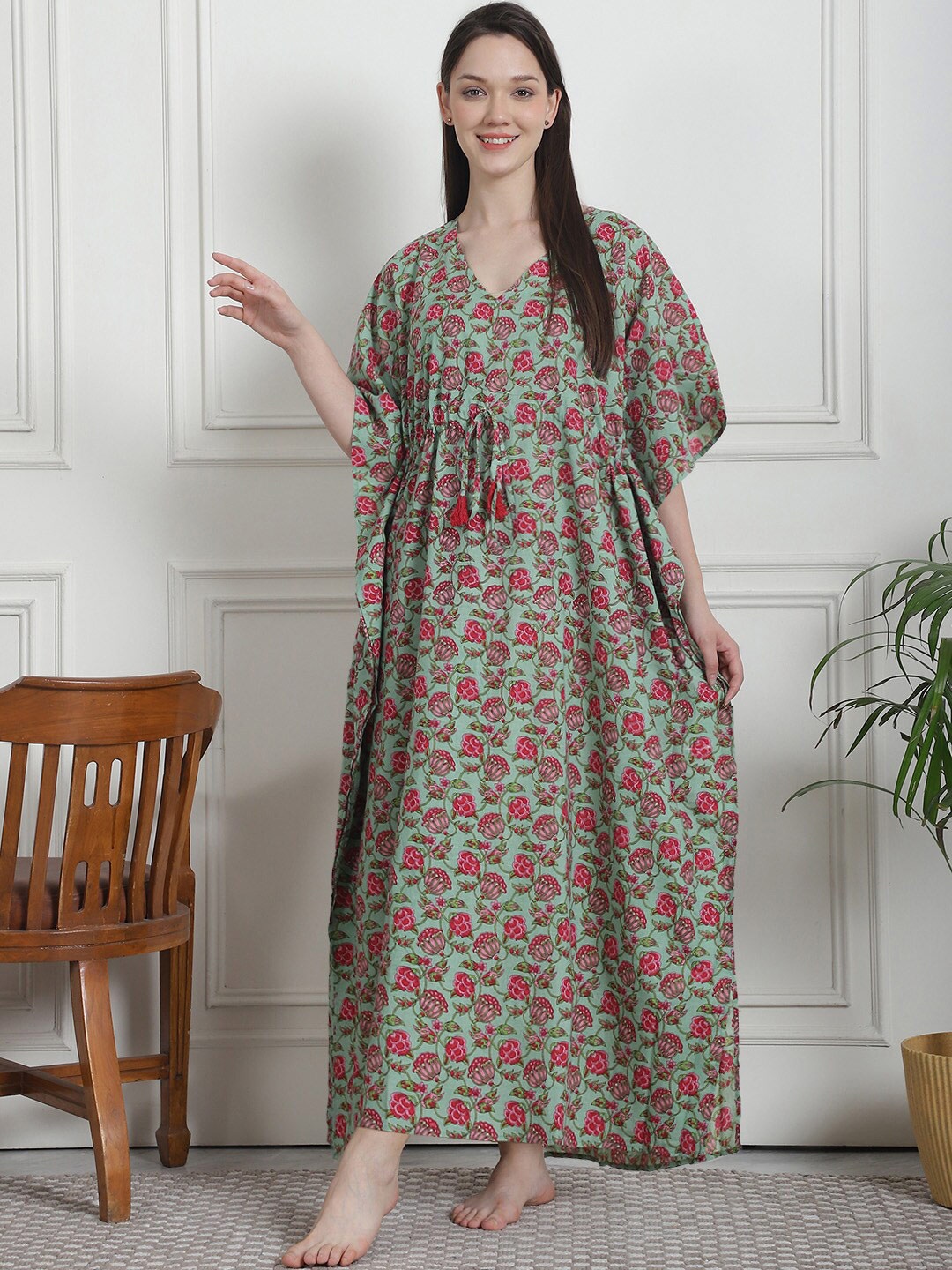 

Secret Wish Printed V-Neck Pure Cotton Maxi Kaftan Nightdress, Green