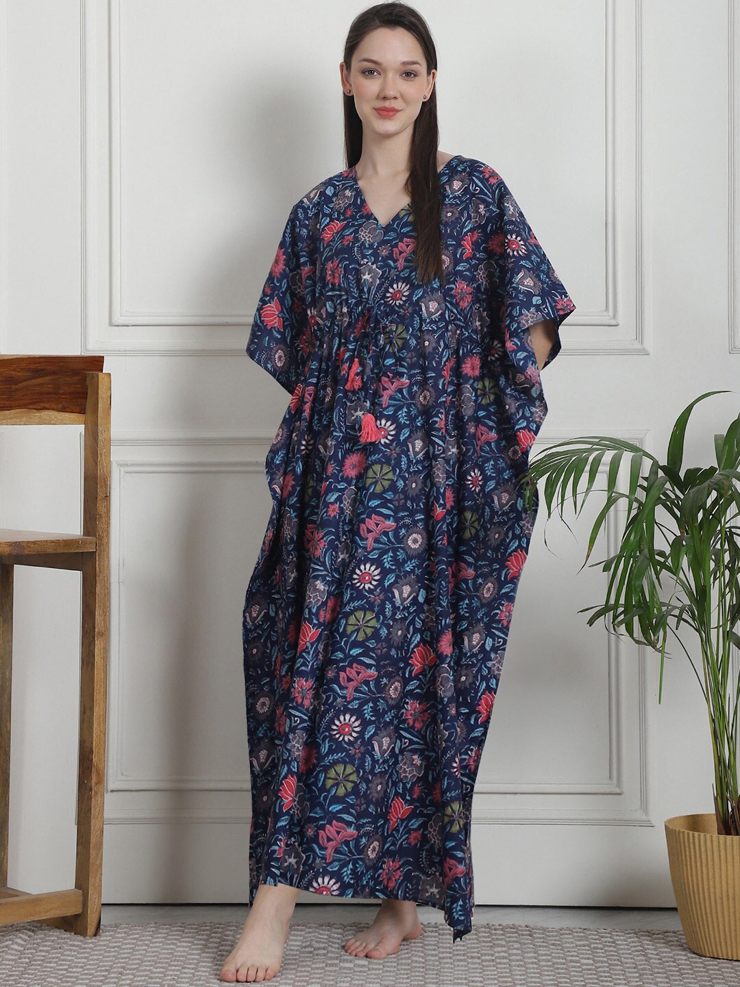 

Secret Wish Printed V-Neck Pure Cotton Maxi Kaftan Nightdress, Navy blue
